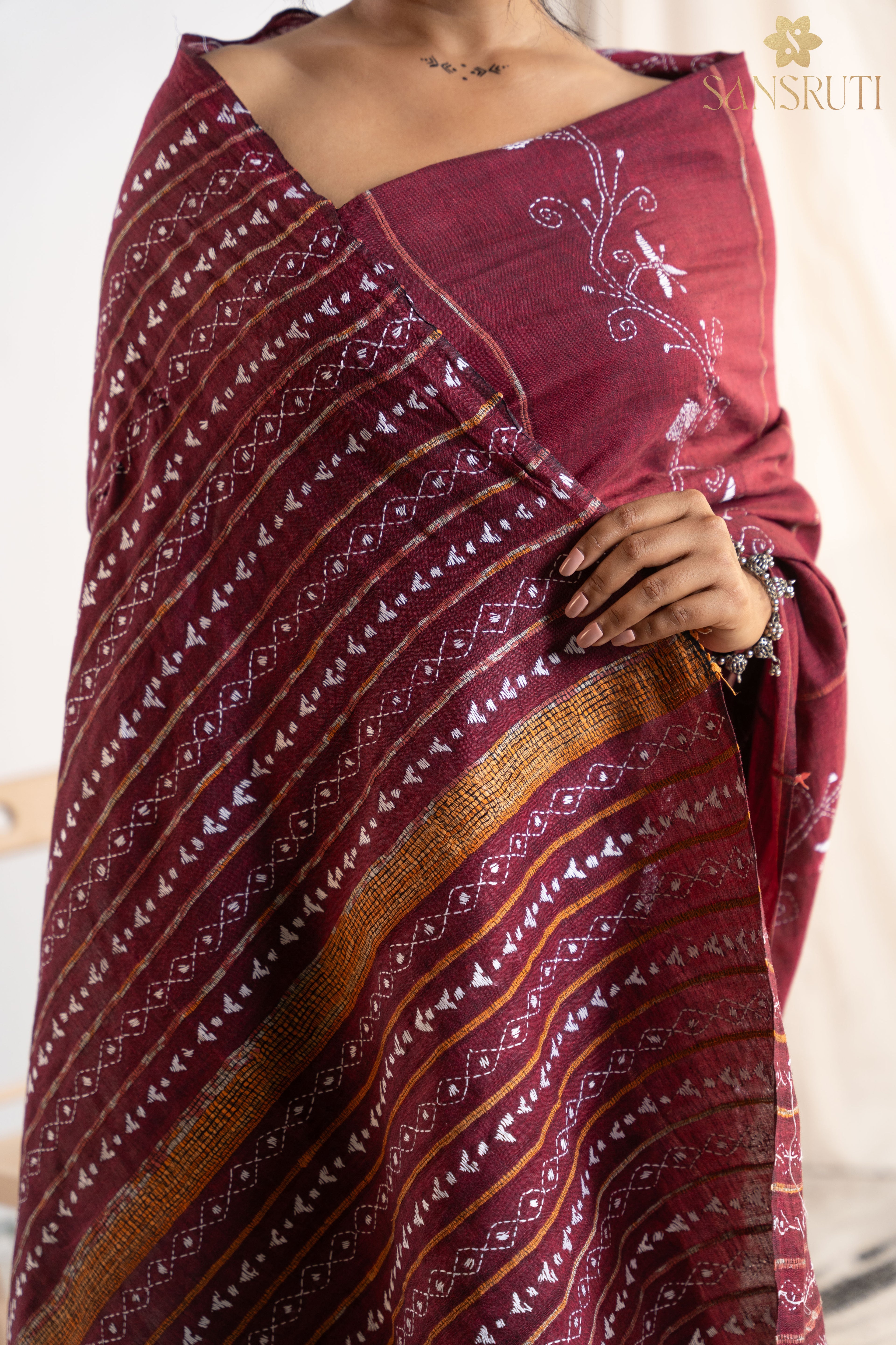 Blooming Red Kantha Saree