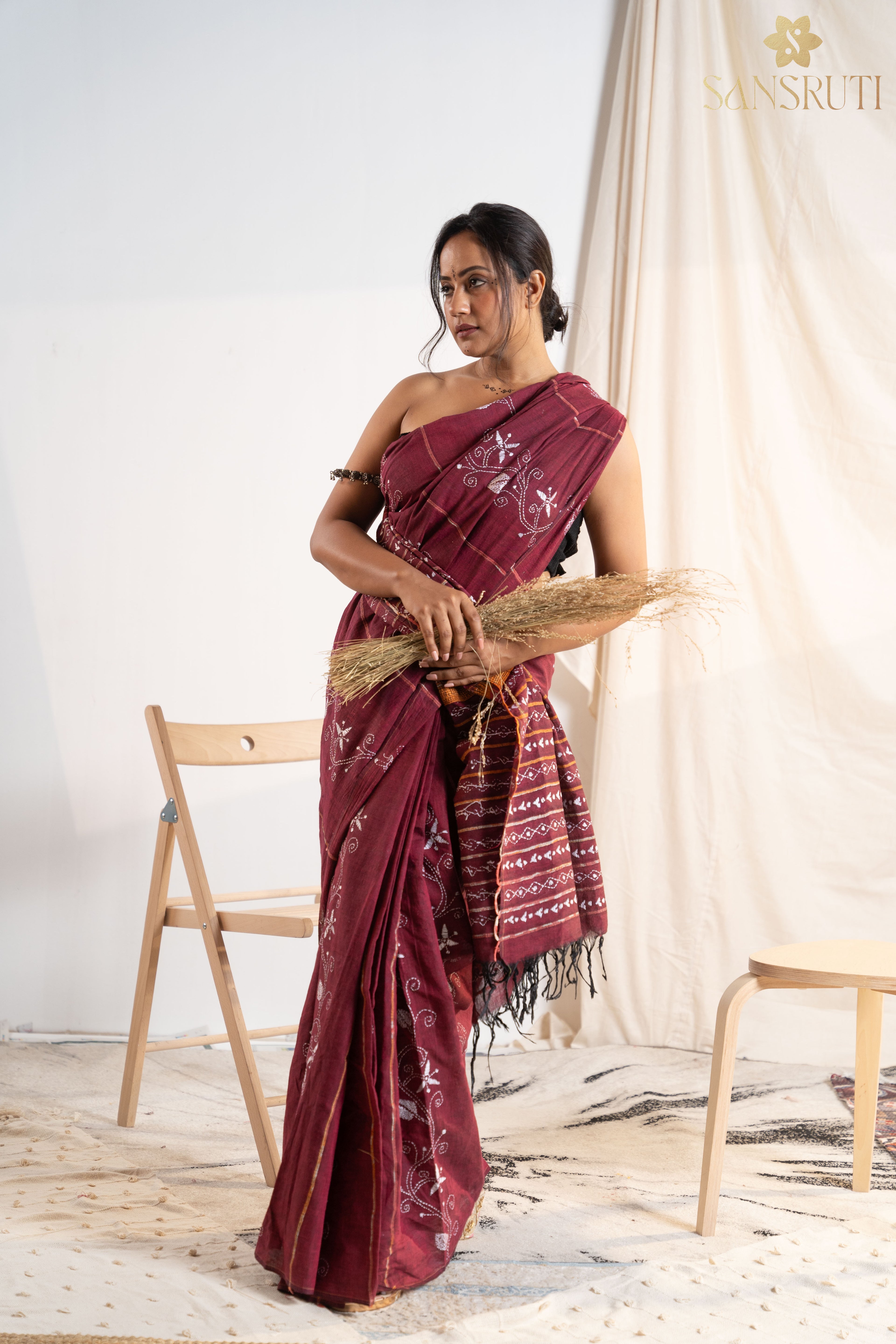 Blooming Red Kantha Saree