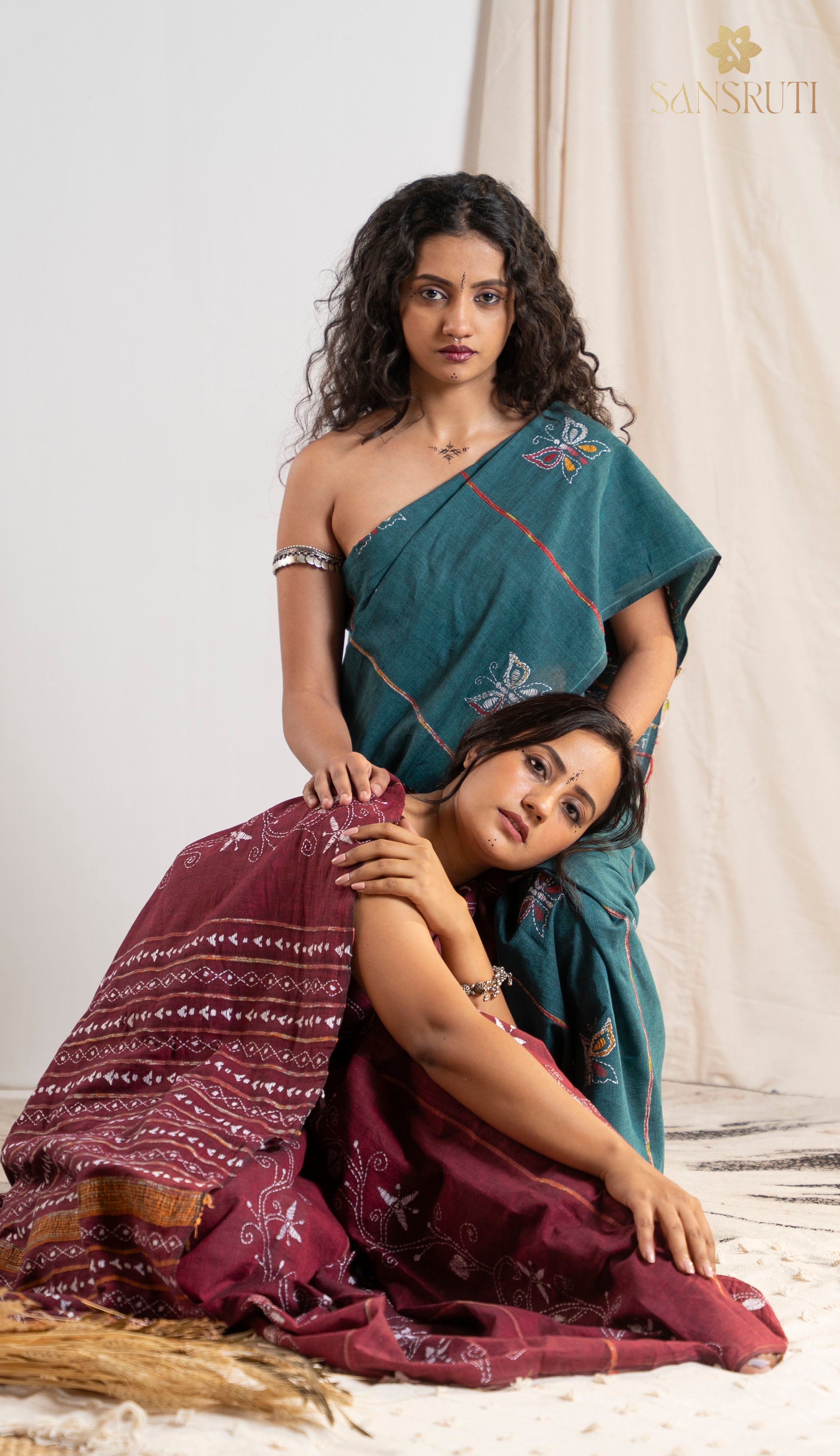 Sea breeze Kantha Green Saree