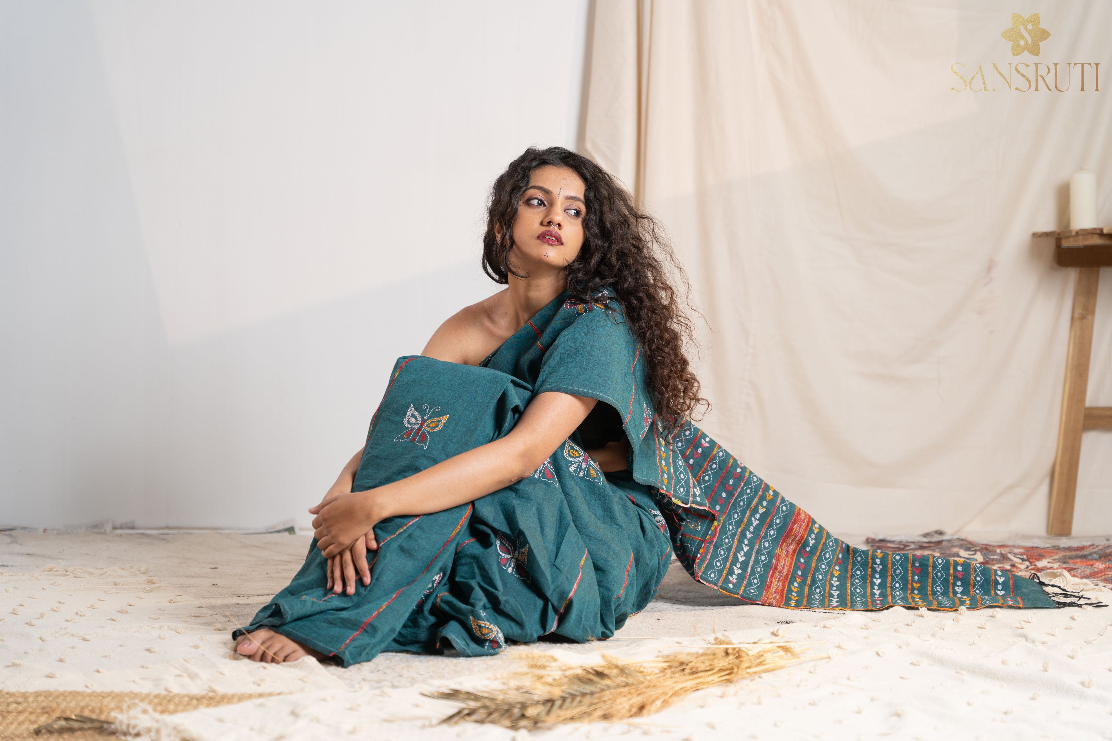 Sea breeze Kantha Green Saree