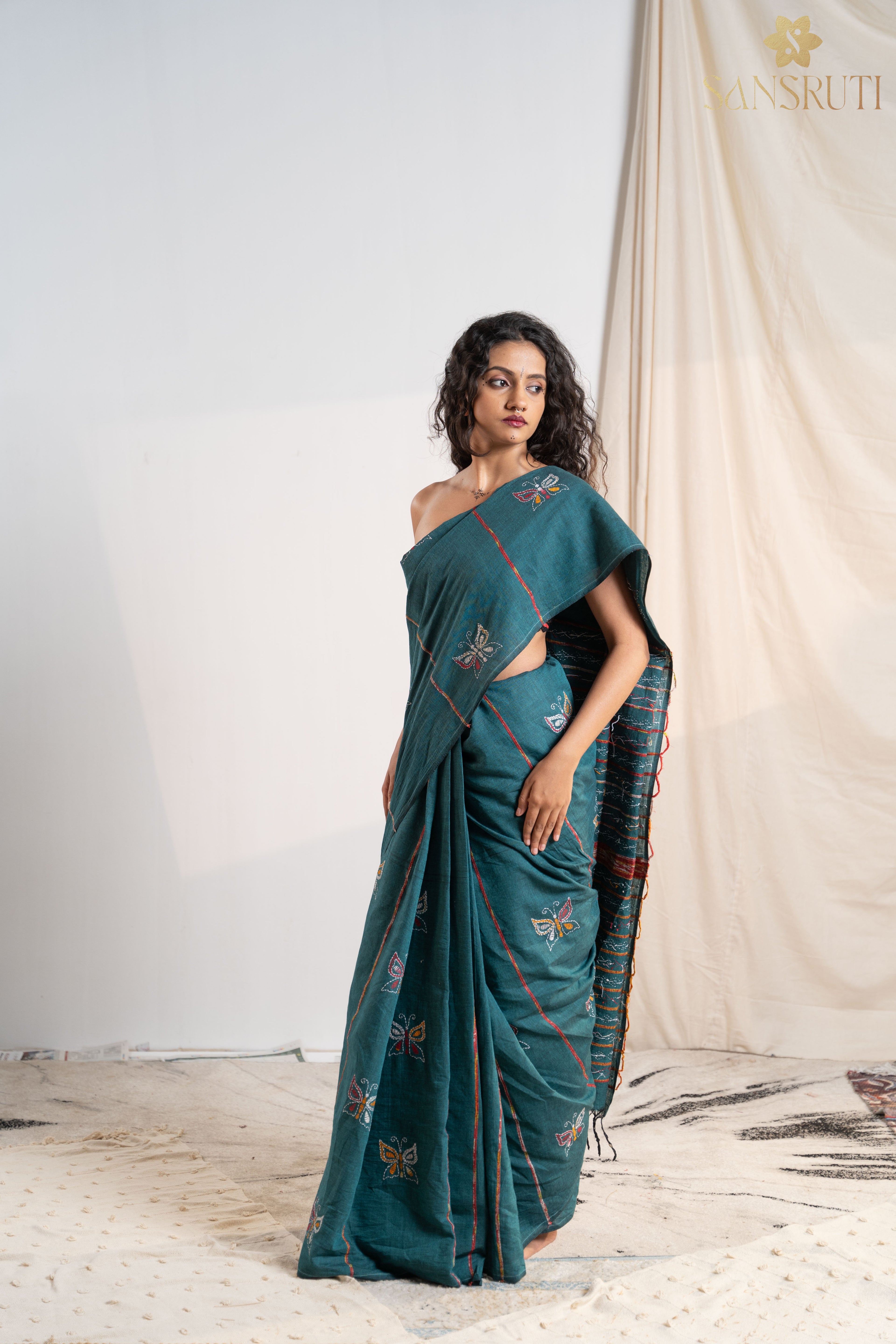 Sea breeze Kantha Green Saree