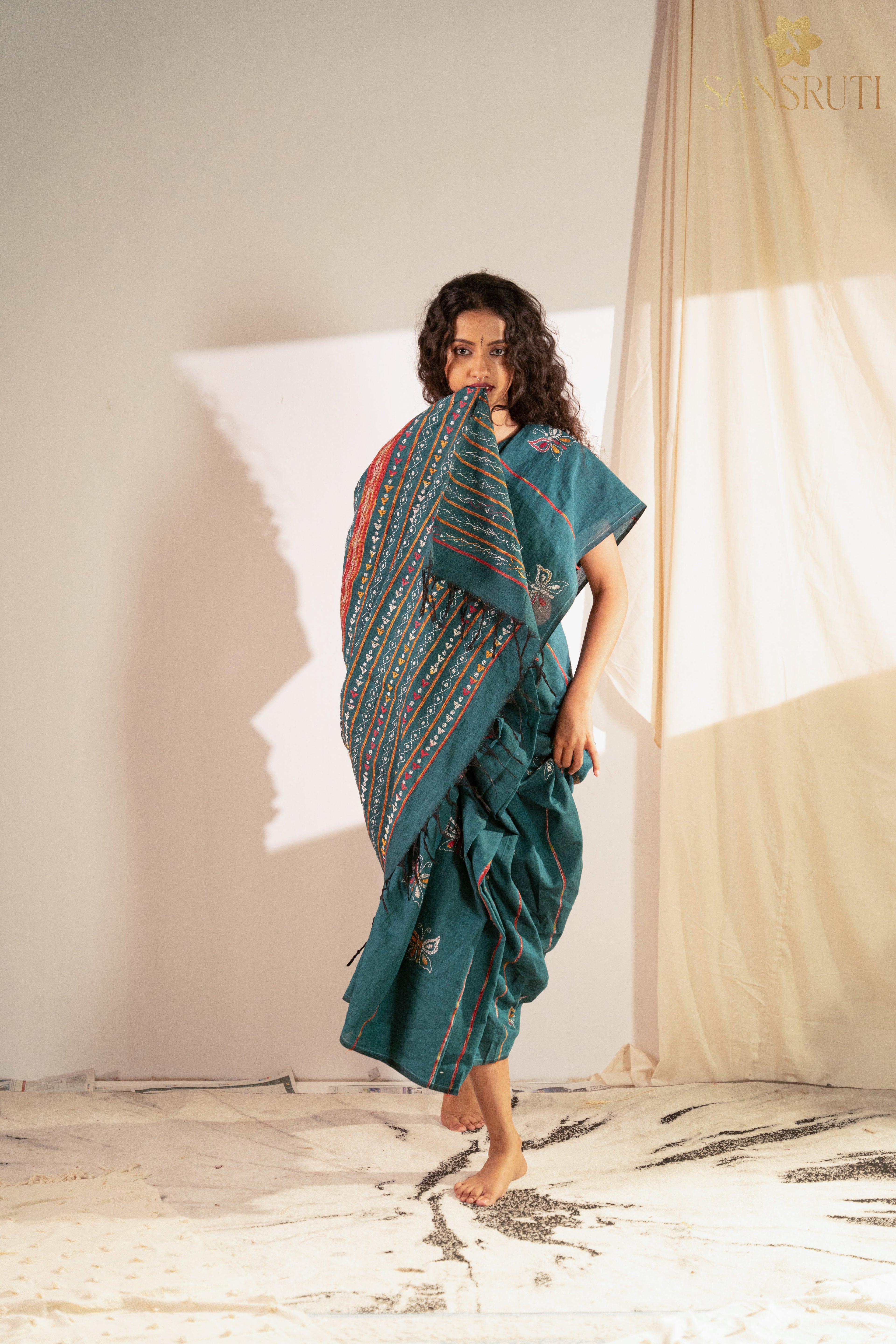 Sea breeze Kantha Green Saree
