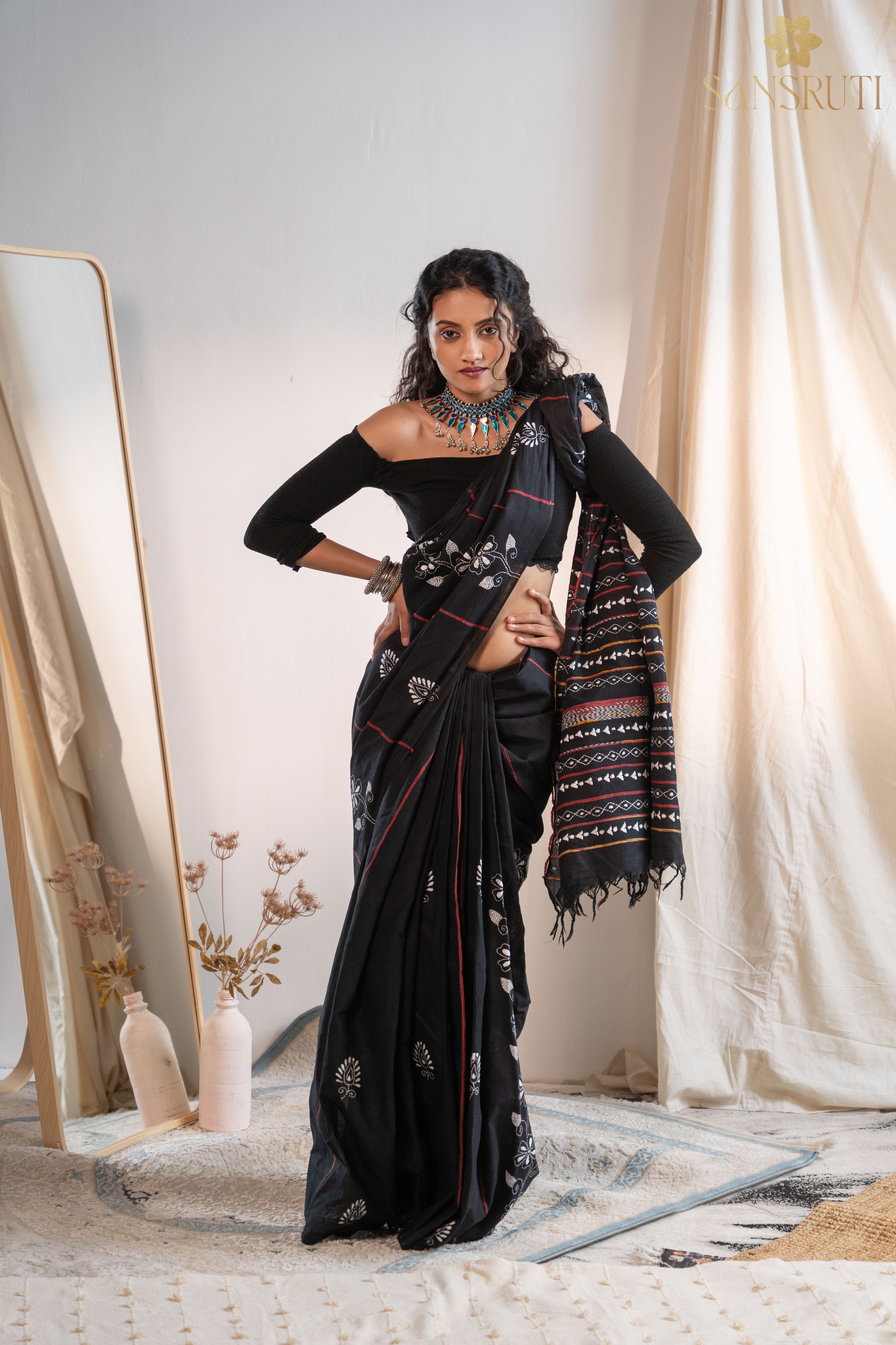 Floral Beauty Black Kantha Saree