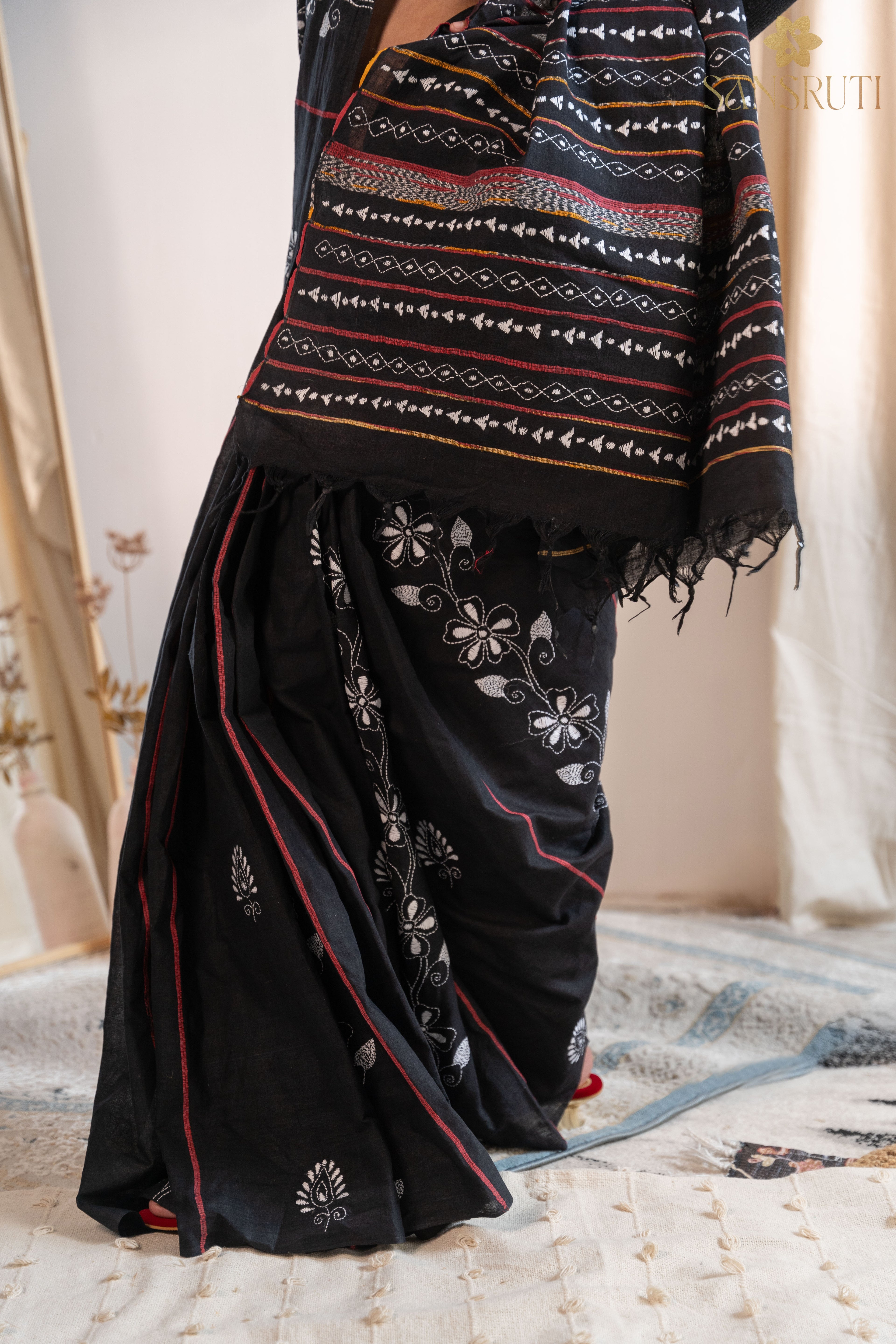 Floral Beauty Black Kantha Saree