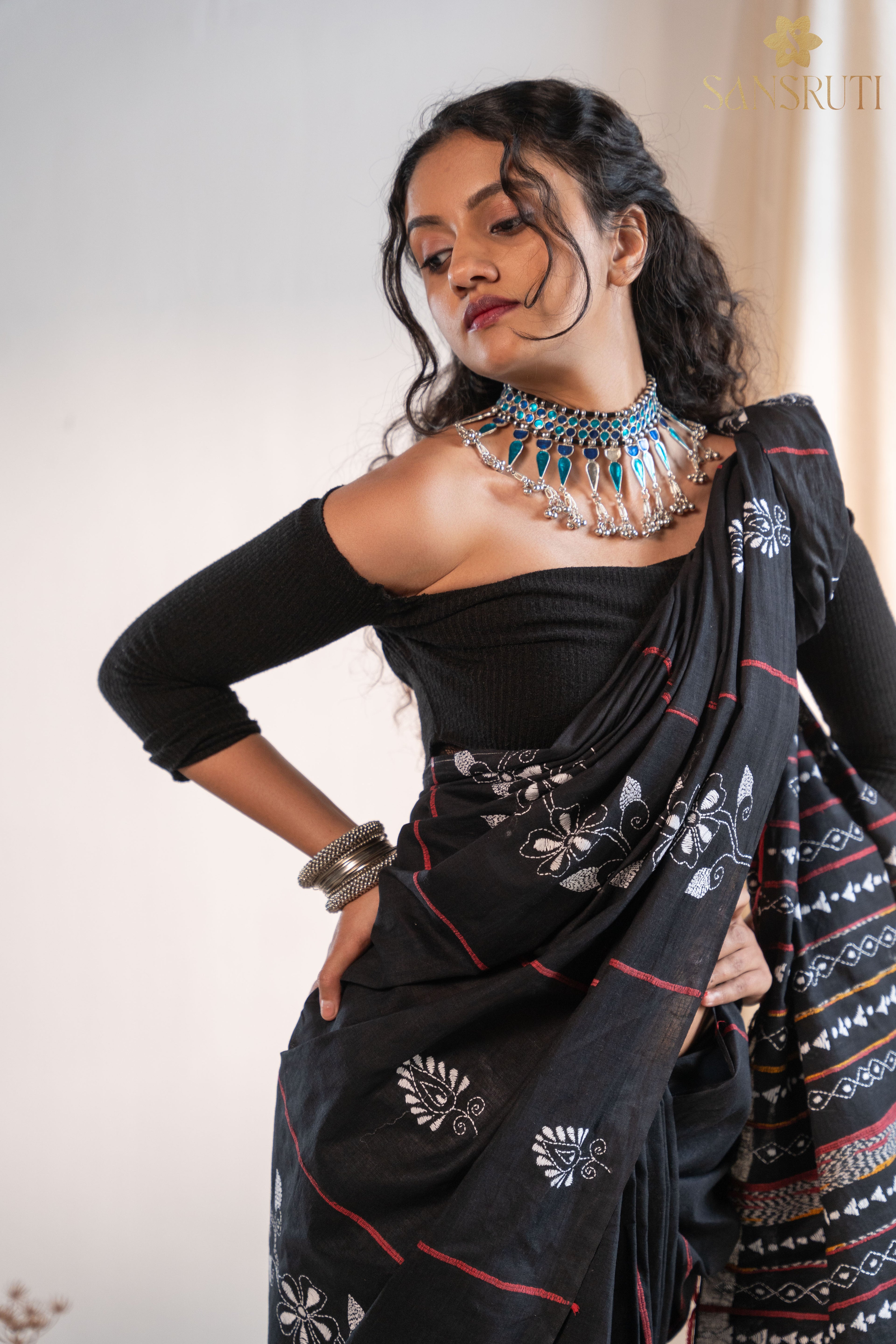 Floral Beauty Black Kantha Saree