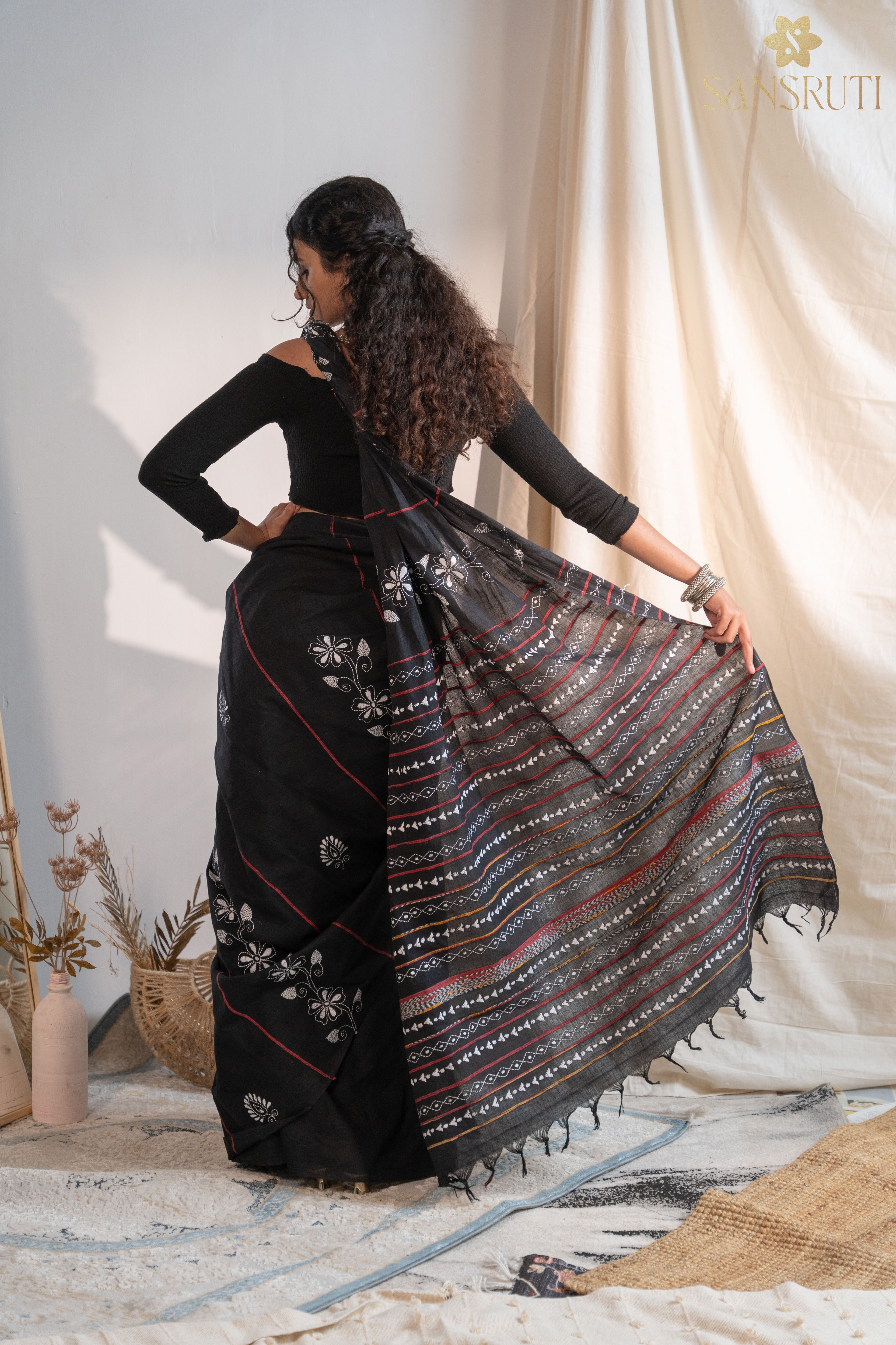 Floral Beauty Black Kantha Saree
