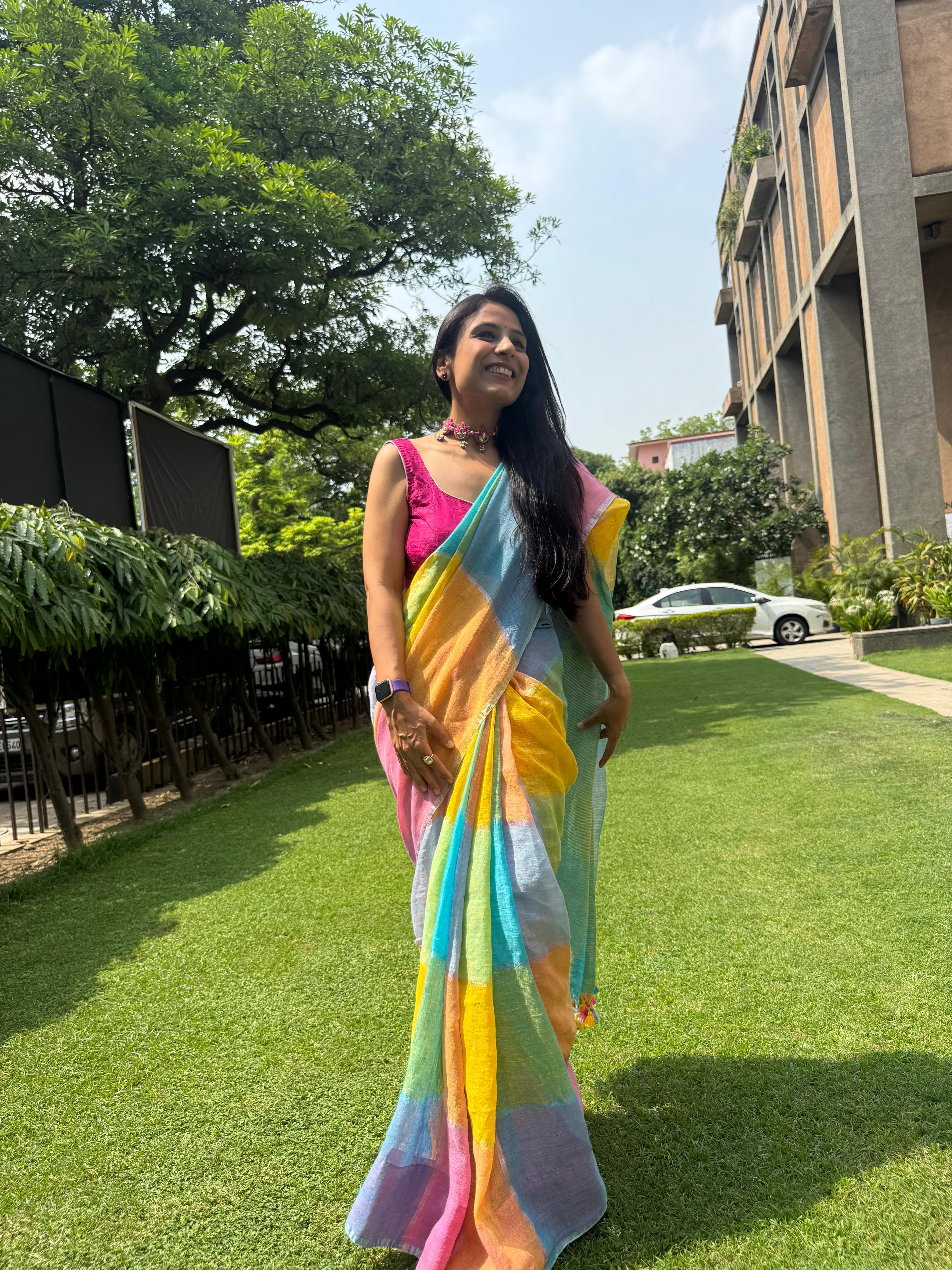 Sunlit Pastel Gamcha Linen Saree