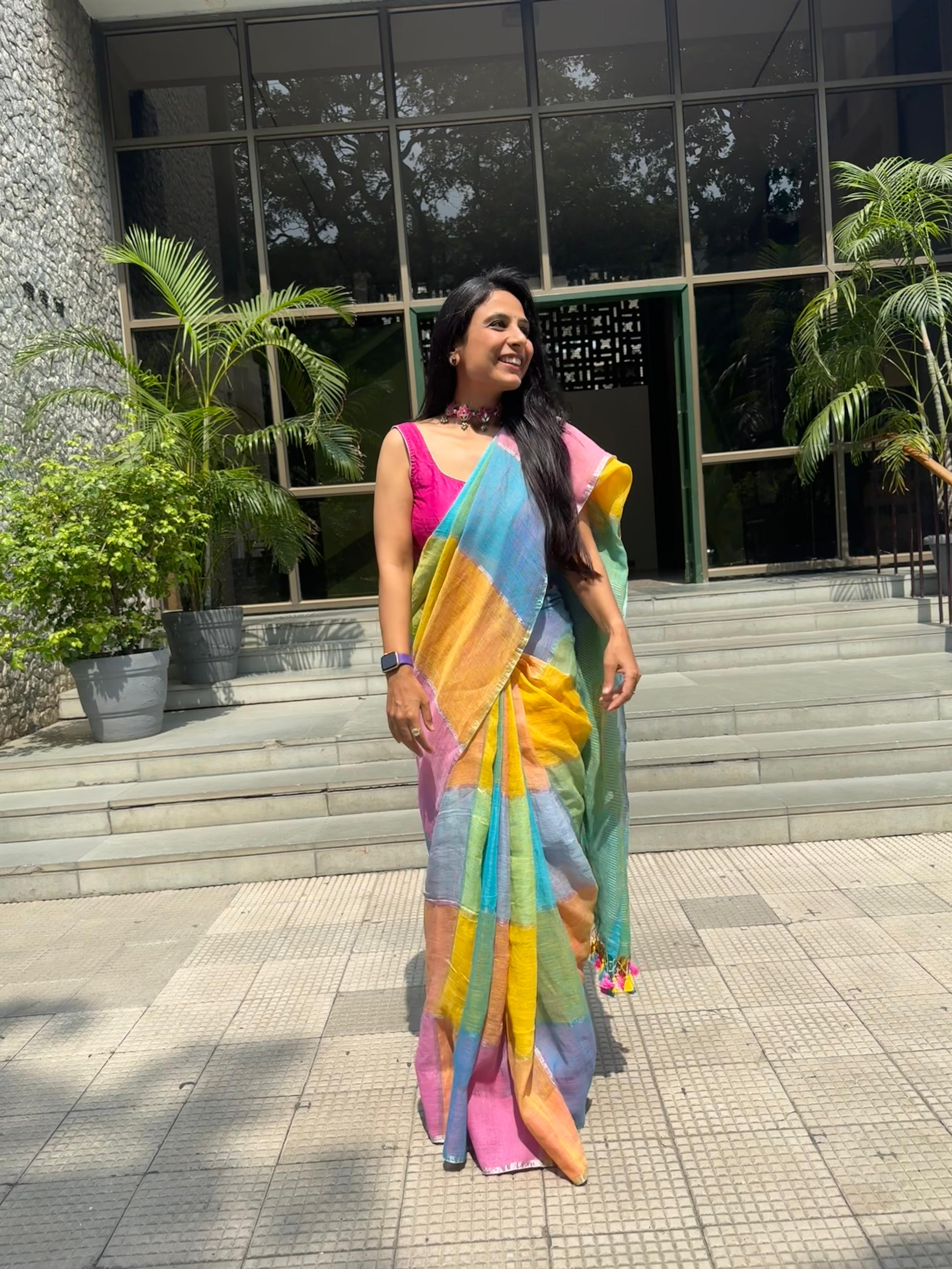 Sunlit Pastel Gamcha Linen Saree