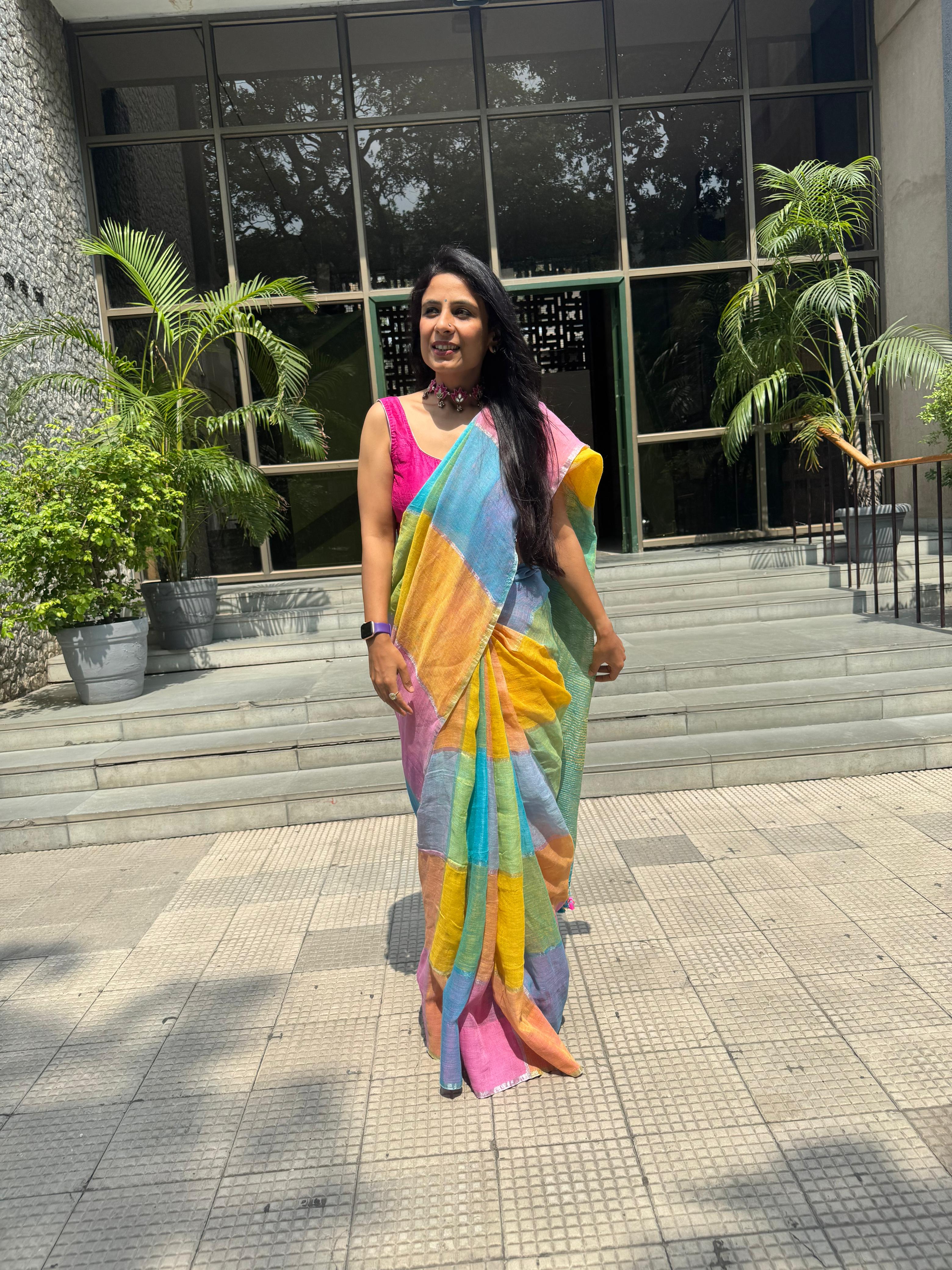 Sunlit Pastel Gamcha Linen Saree