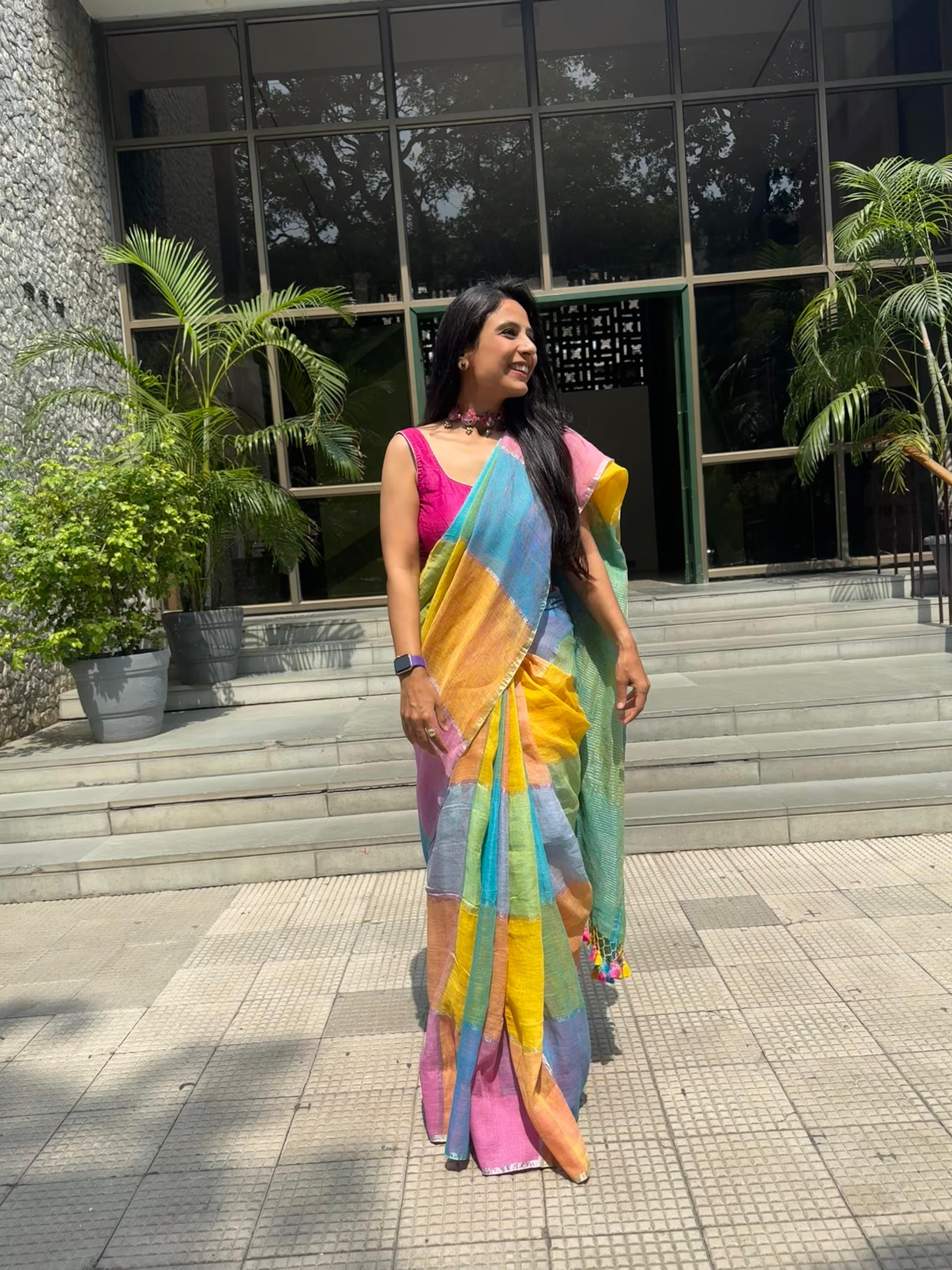 Sunlit Pastel Gamcha Linen Saree