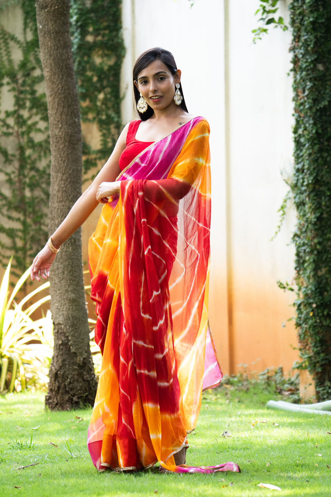 Sunset Glow Leheriya Chiffon Saree