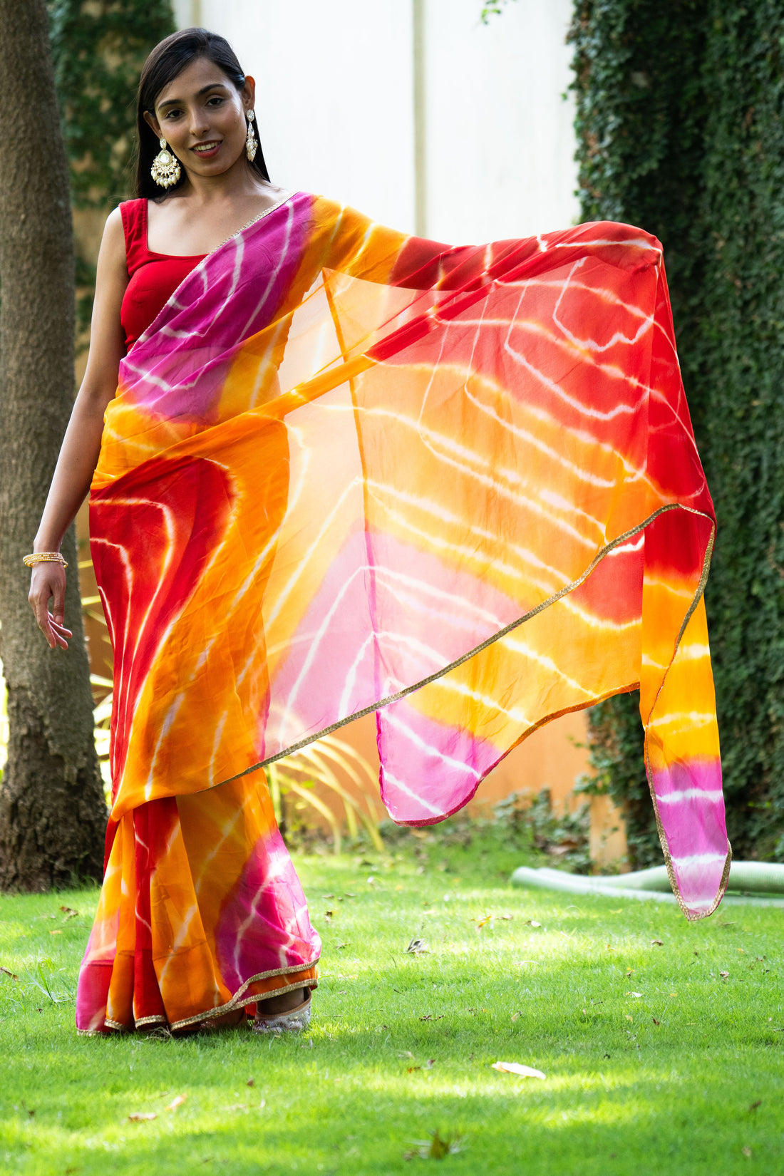 Sunset Glow Leheriya Chiffon Saree