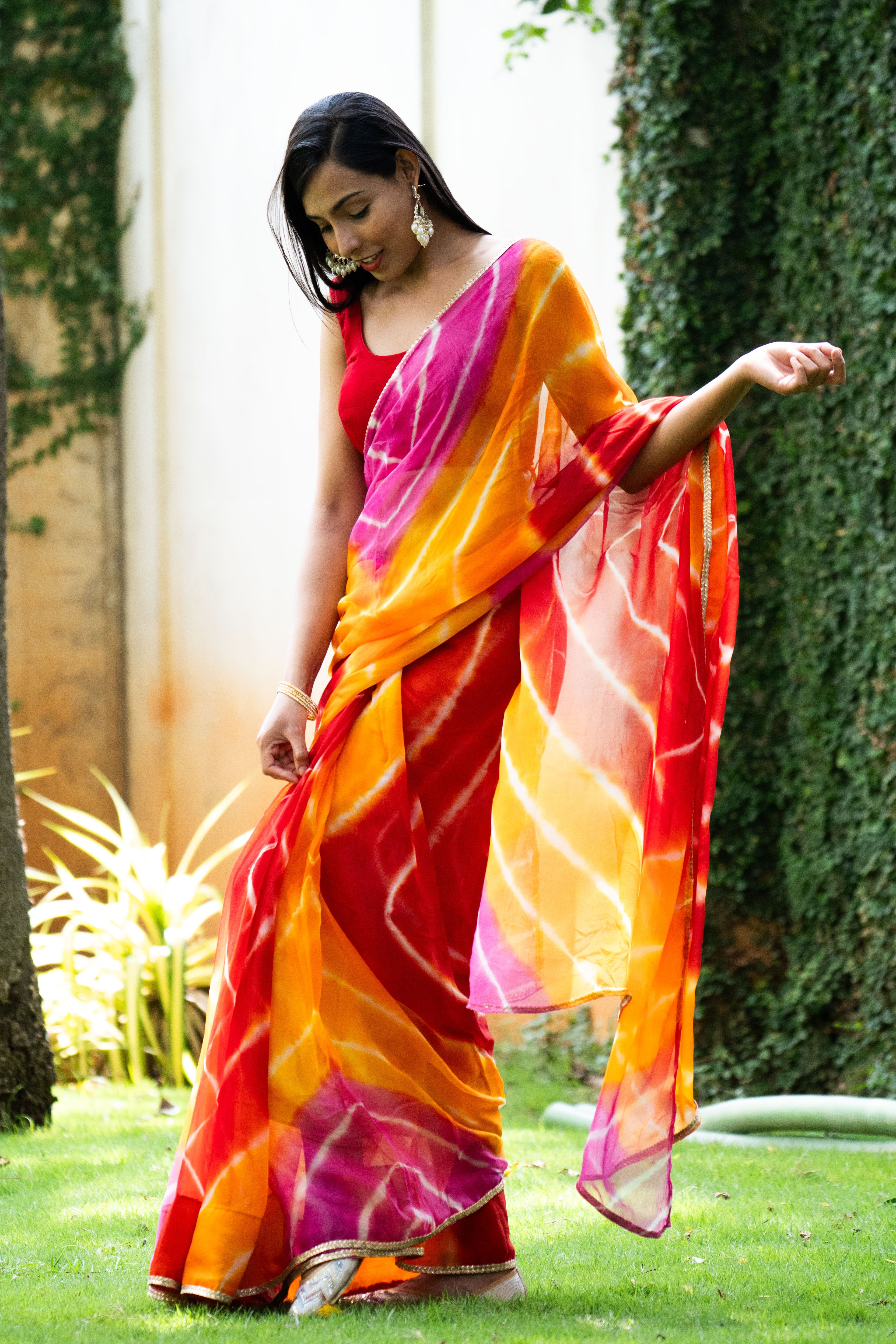 Sunset Glow Leheriya Chiffon Saree