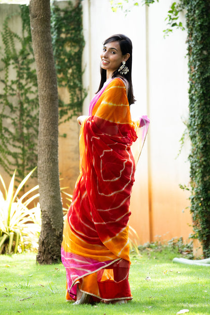 Sunset Glow Leheriya Chiffon Saree