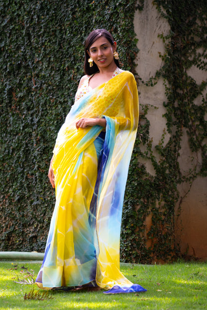 Ocean Breeze Teal Leheriya Chiffon Saree