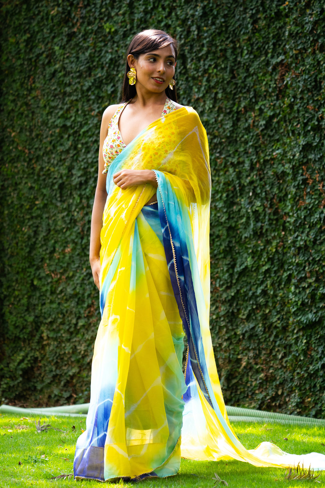 Ocean Breeze Teal Leheriya Chiffon Saree