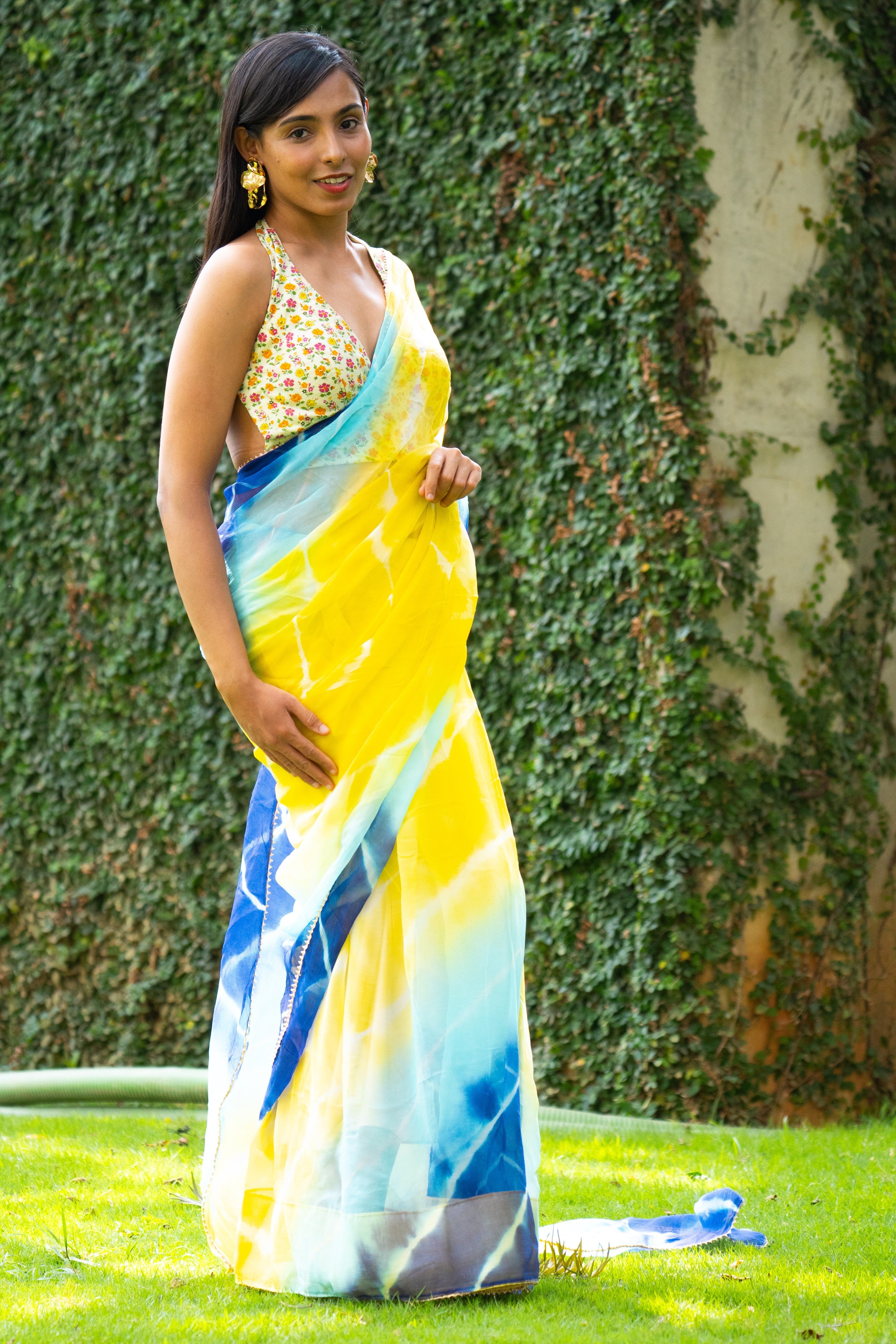 Ocean Breeze Teal Leheriya Chiffon Saree
