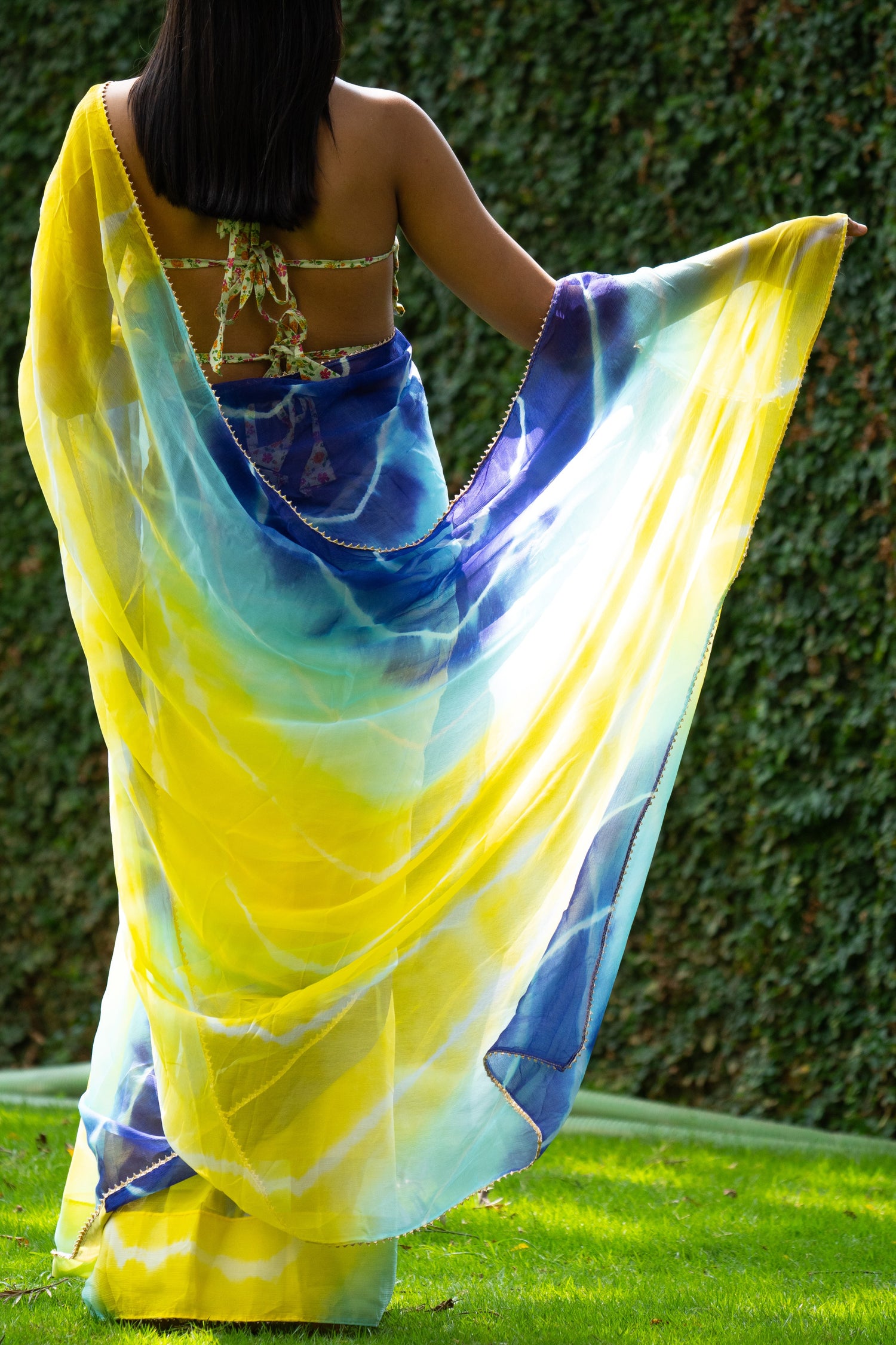 Ocean Breeze Teal Leheriya Chiffon Saree