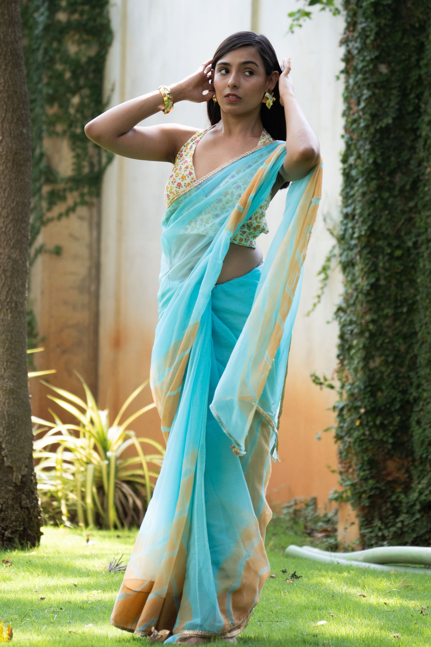 Azure Bliss Sky Leheriya Chiffon Saree