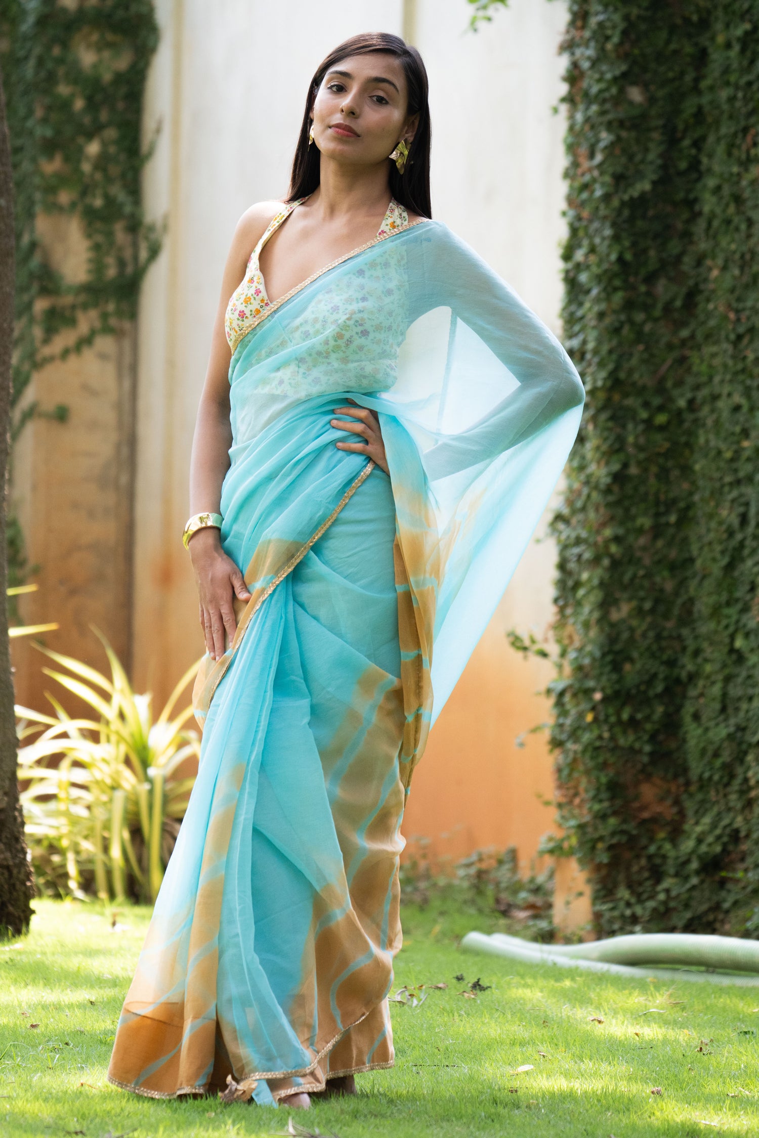 Azure Bliss Sky Leheriya Chiffon Saree