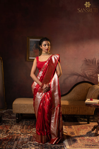 Scarlet Blooms Floral Banarasi Saree