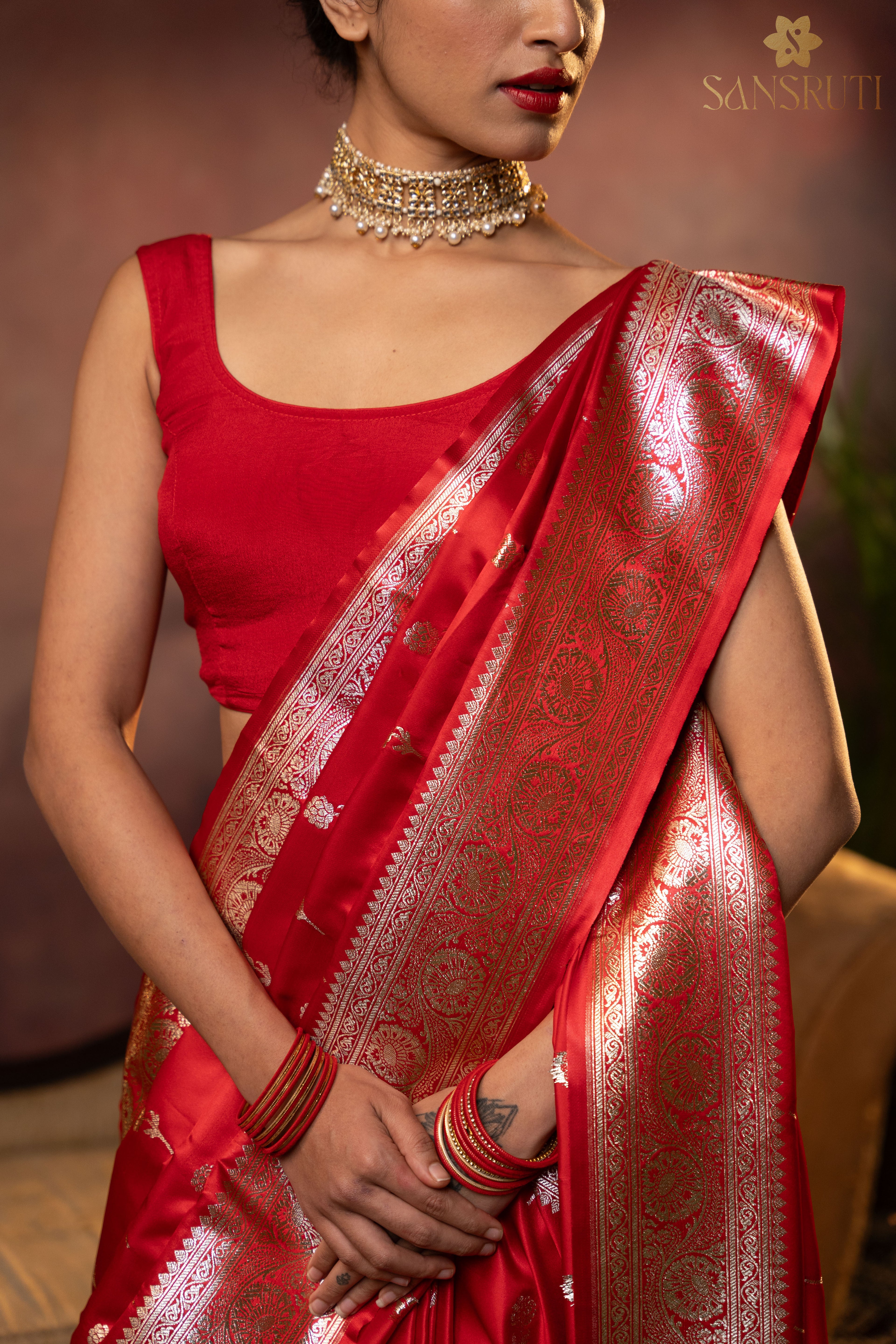 Scarlet Blooms Floral Banarasi Saree