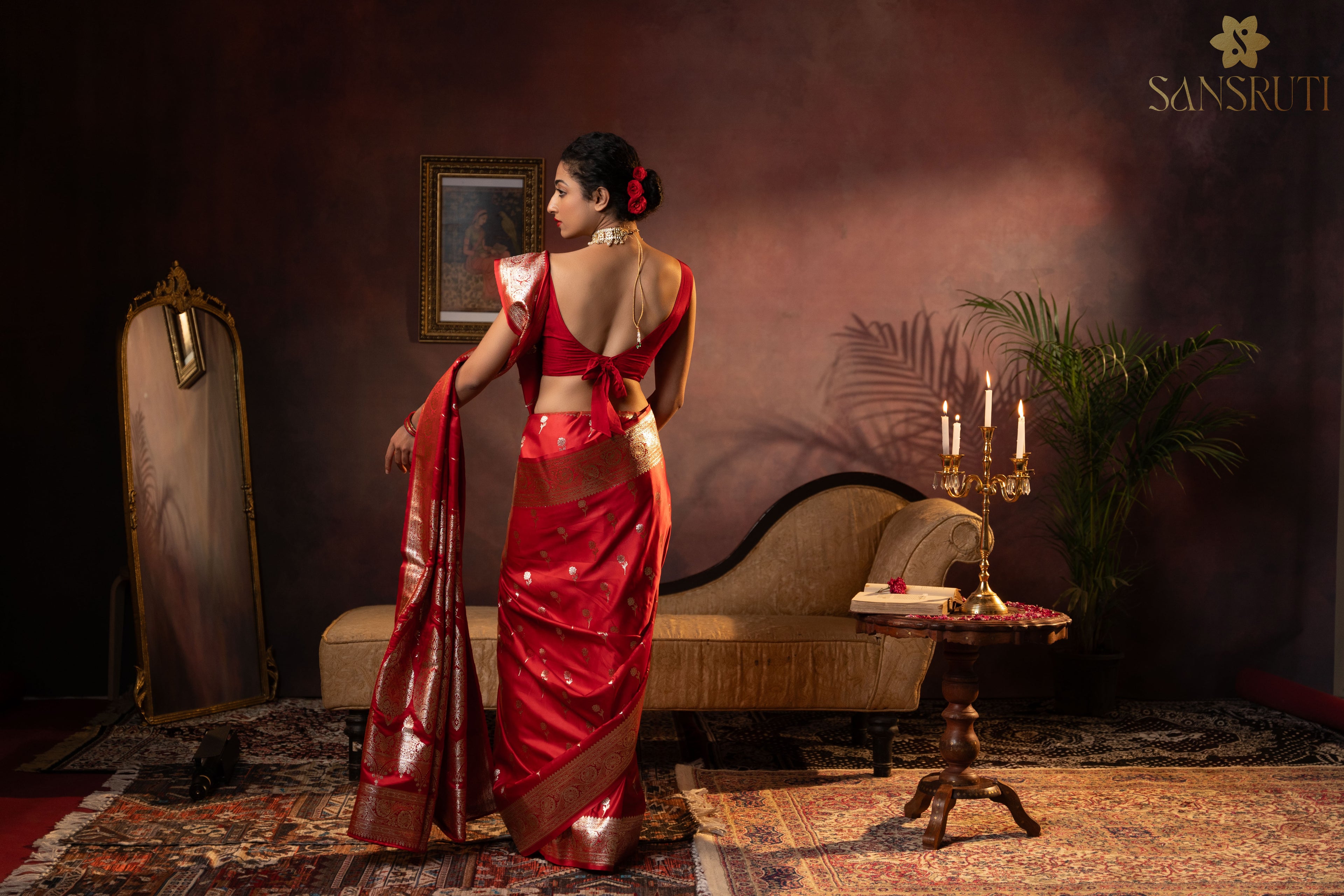 Scarlet Blooms Floral Banarasi Saree