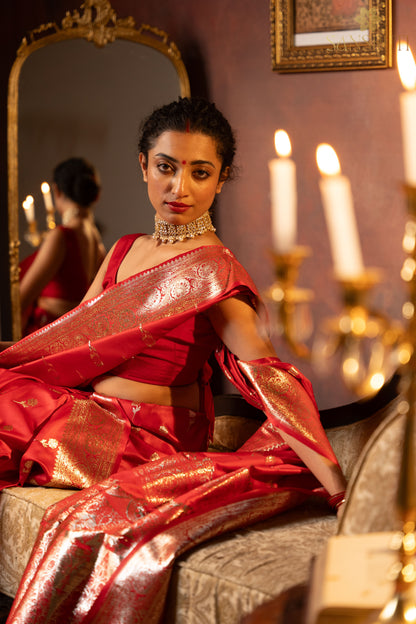 Scarlet Blooms Floral Banarasi Saree