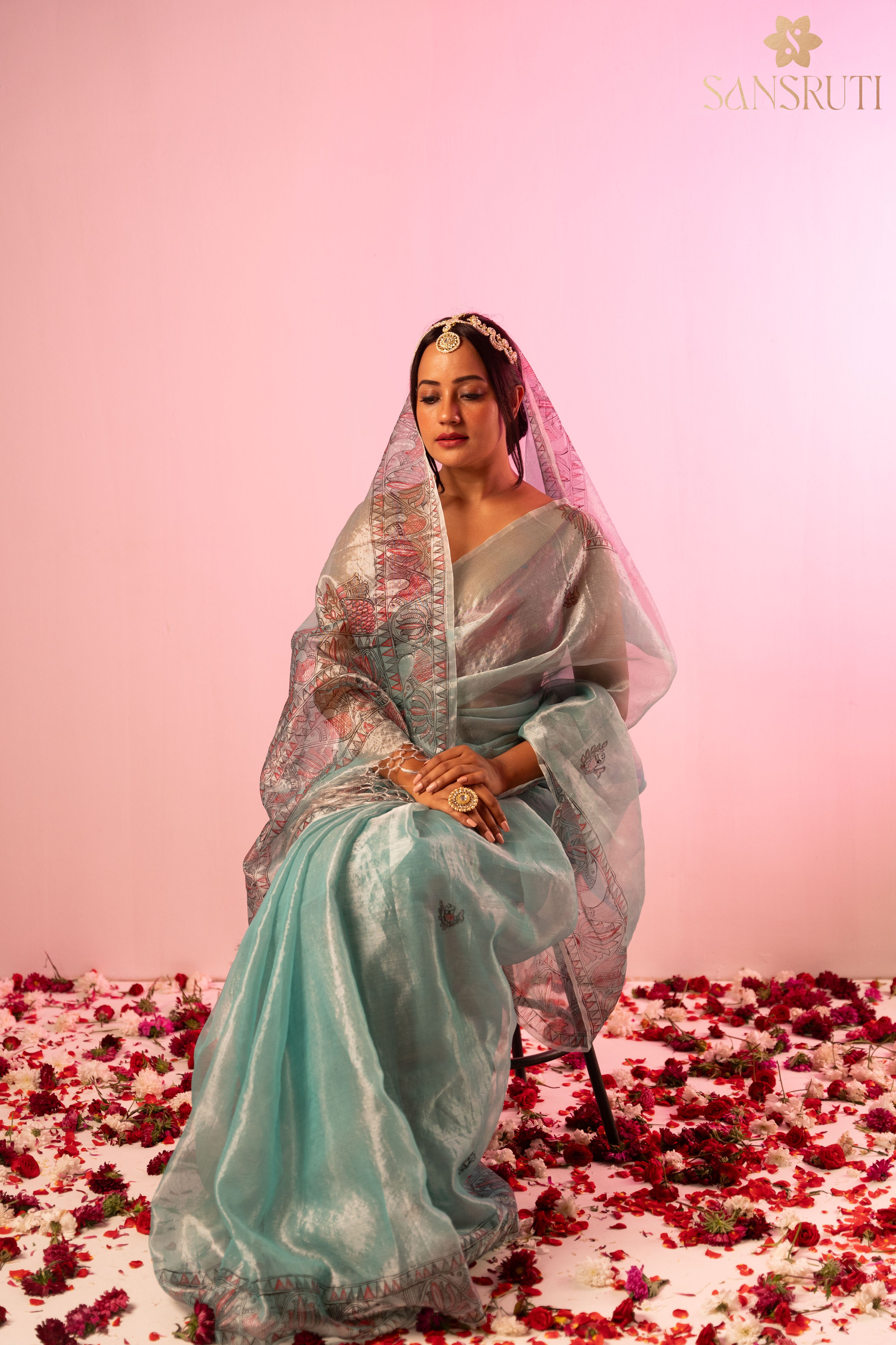 Morning sky organza madhubani saree