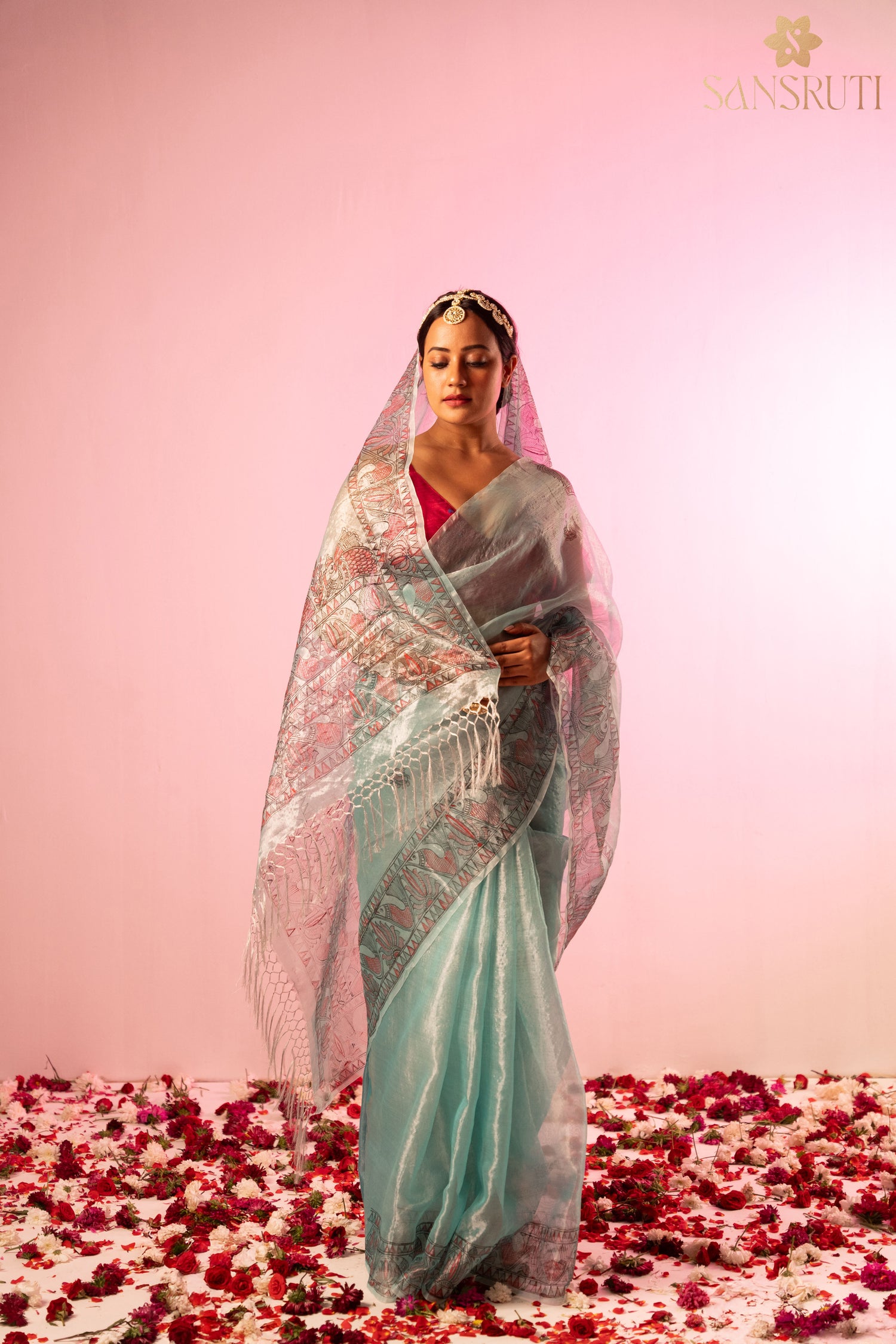 Morning sky organza madhubani saree