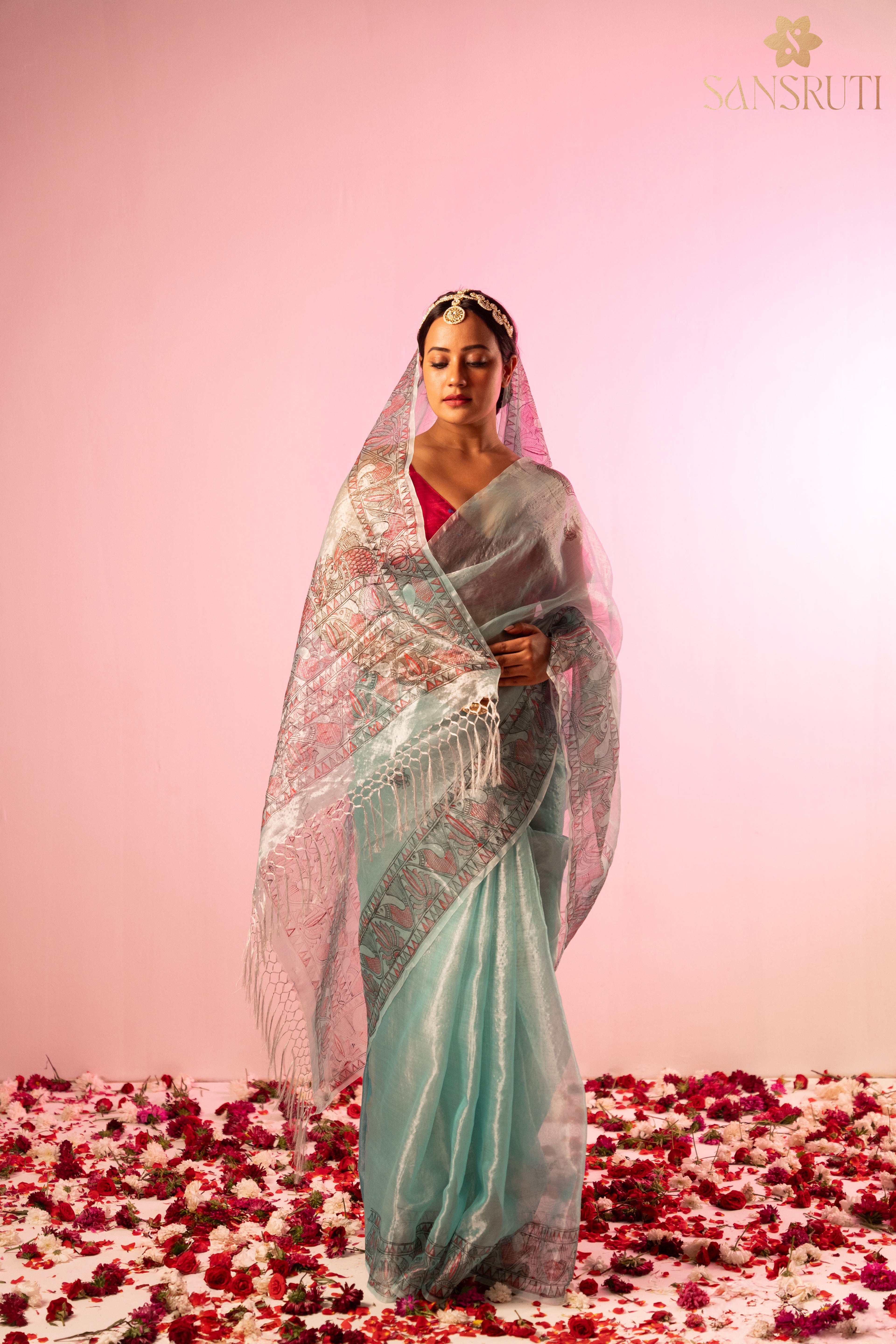 Morning sky organza madhubani saree