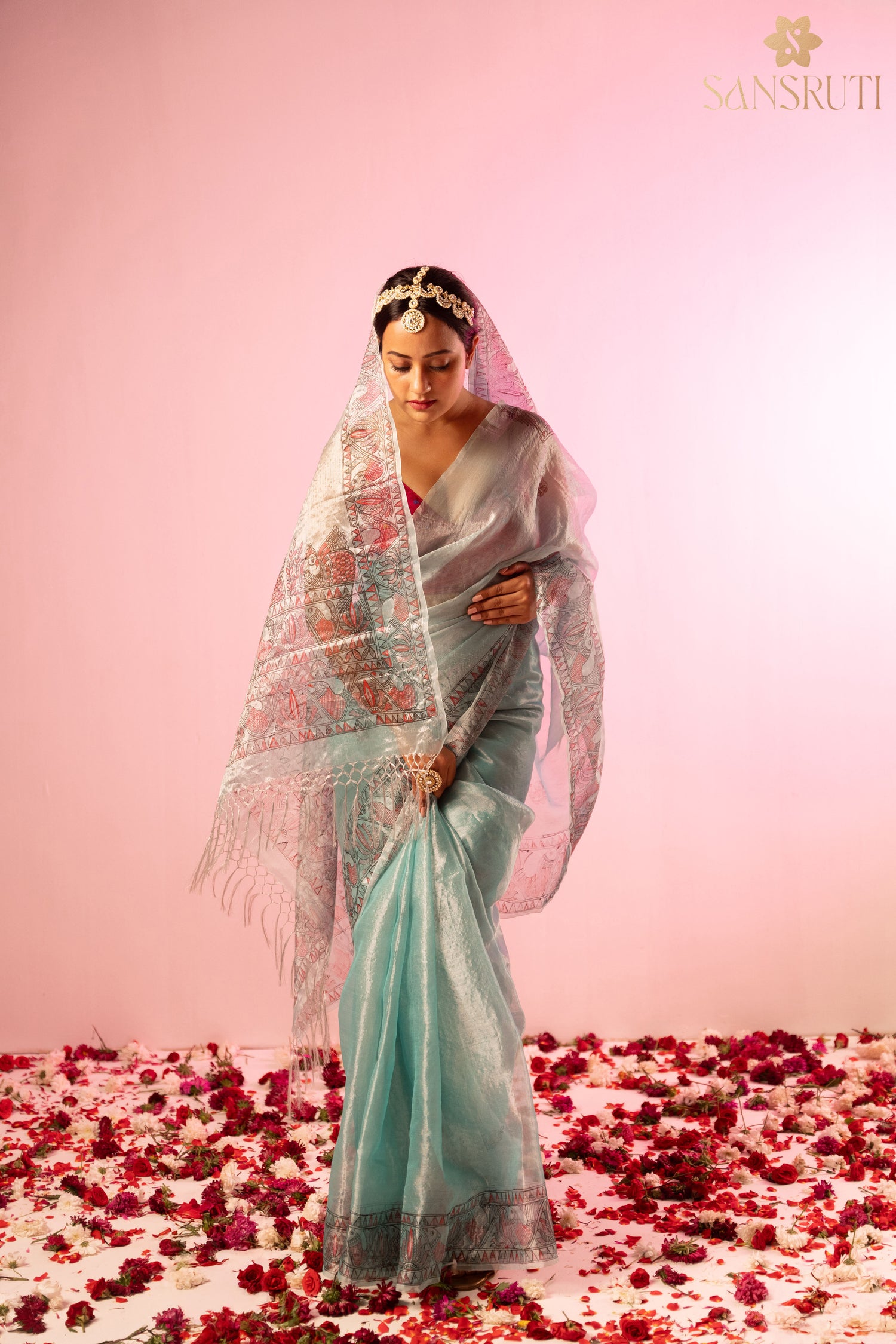 Morning sky organza madhubani saree
