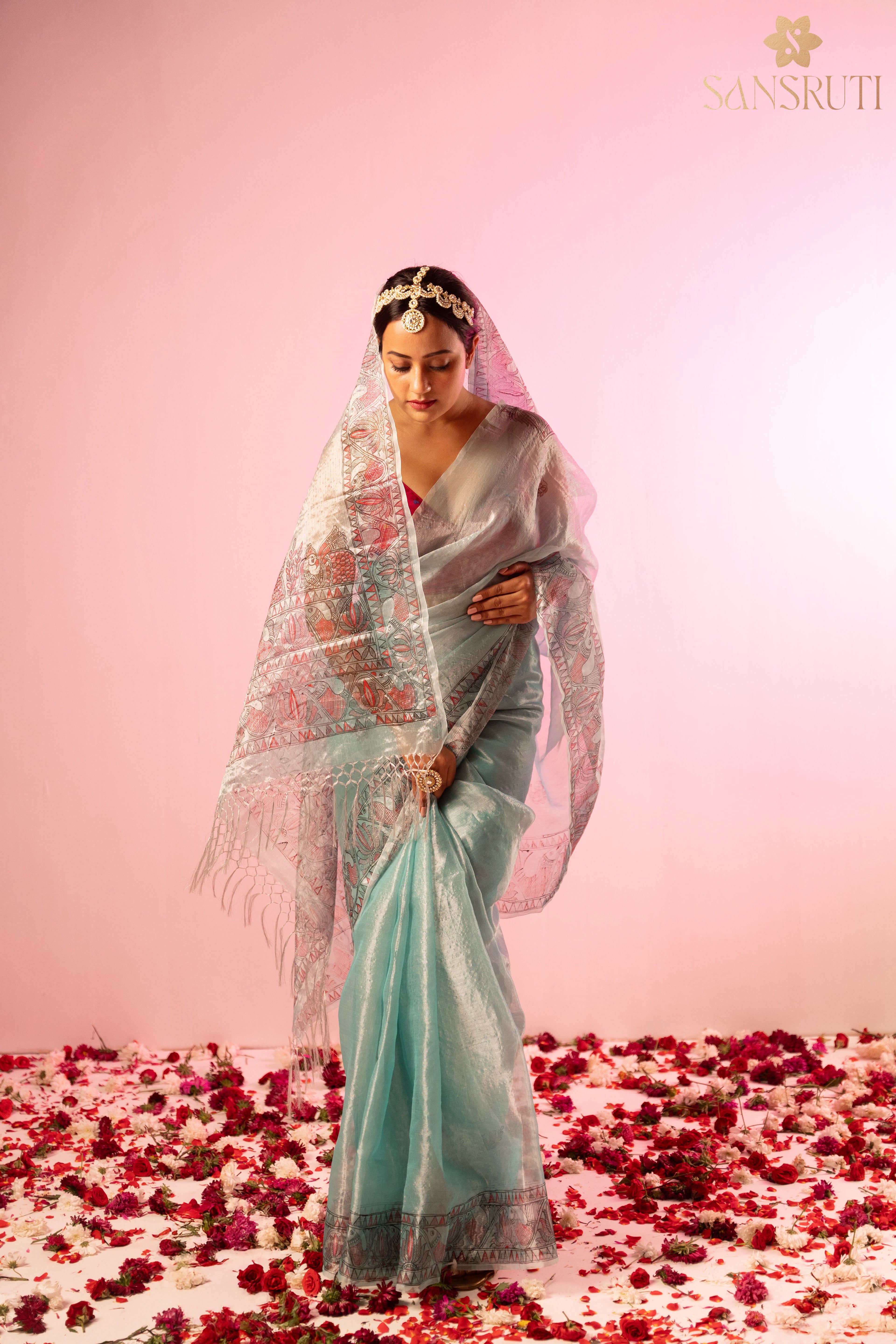 Morning sky organza madhubani saree