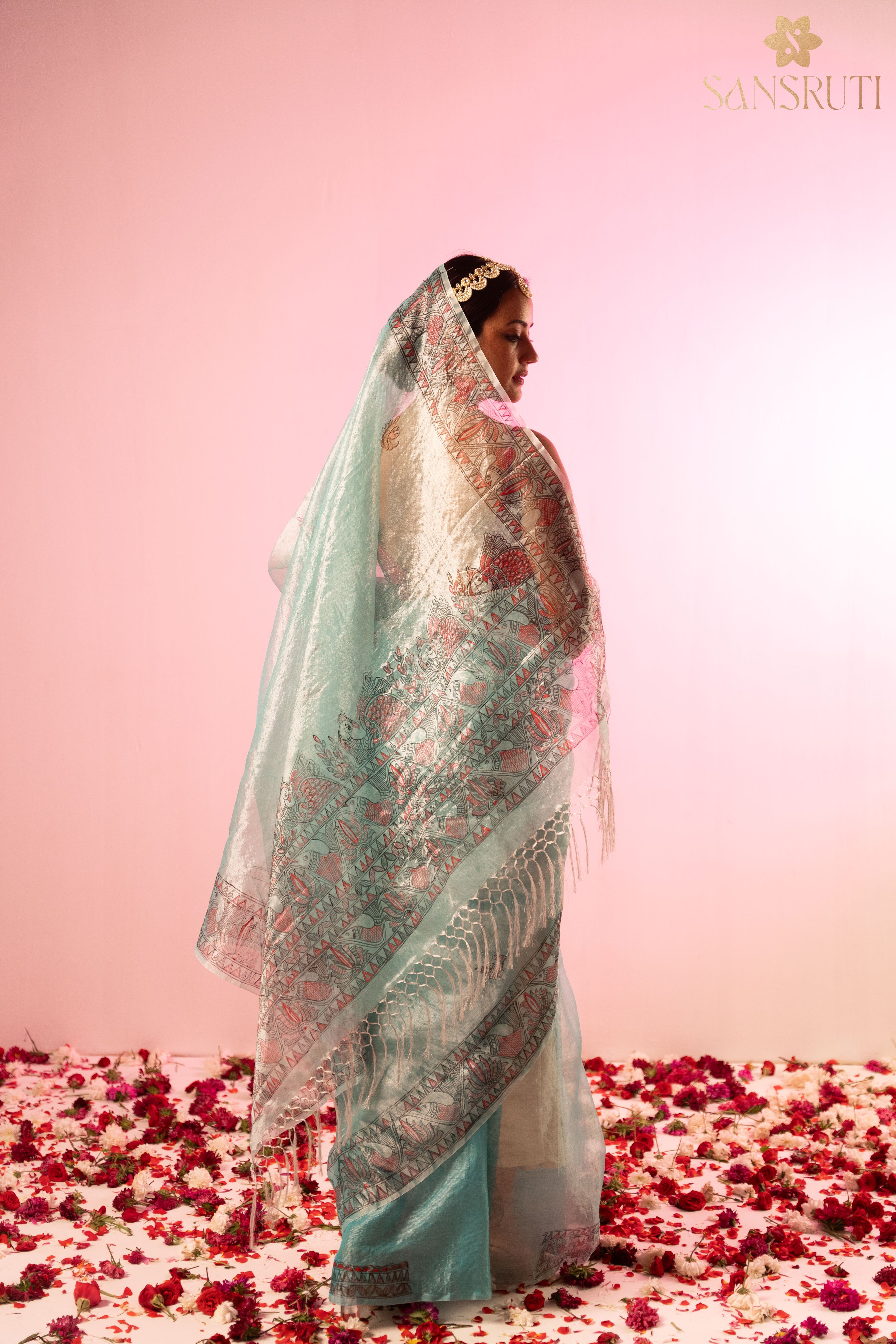 Morning sky organza madhubani saree