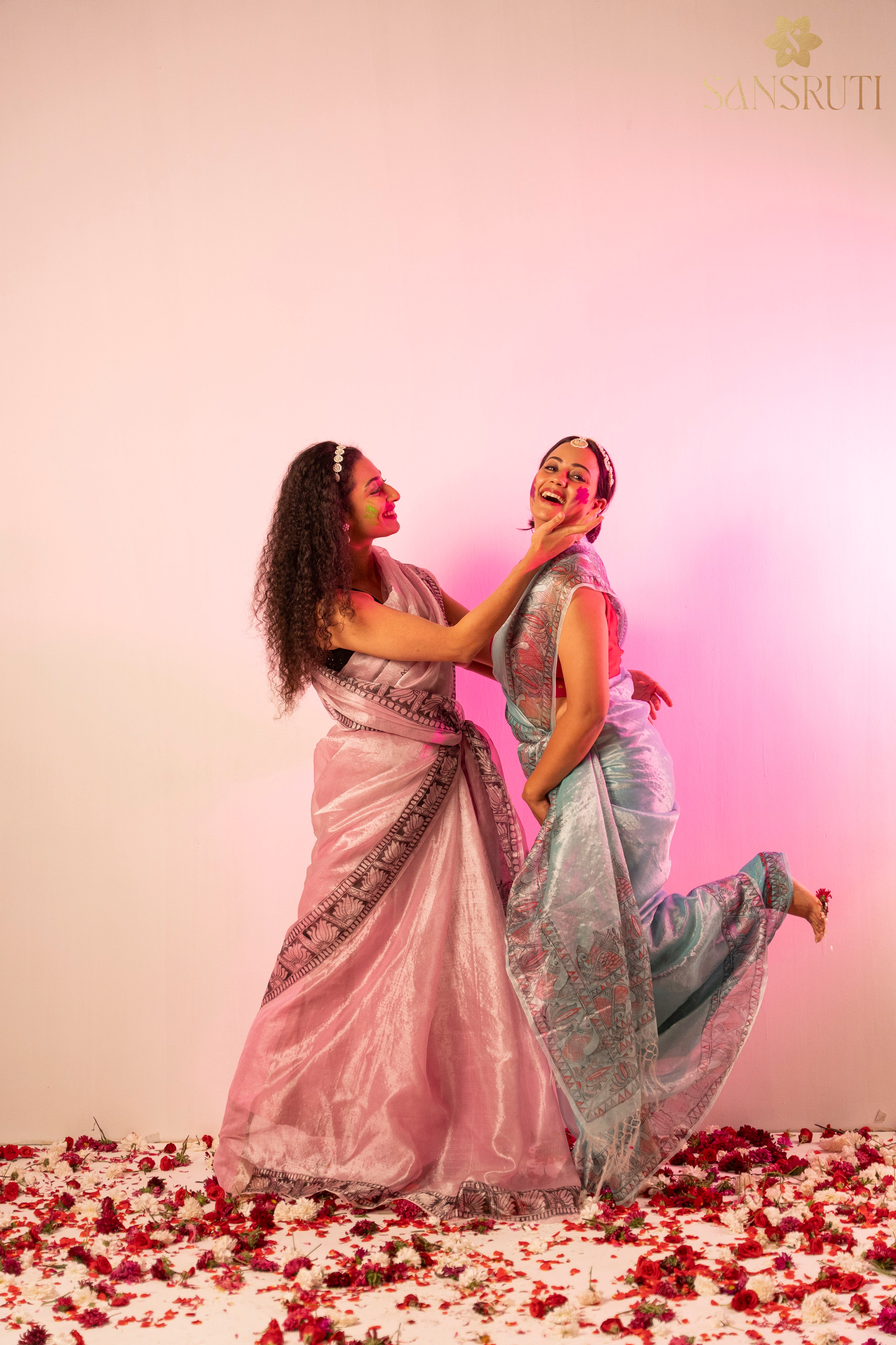 Morning sky organza madhubani saree