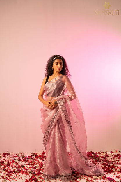 Light pink organza madhubani saree