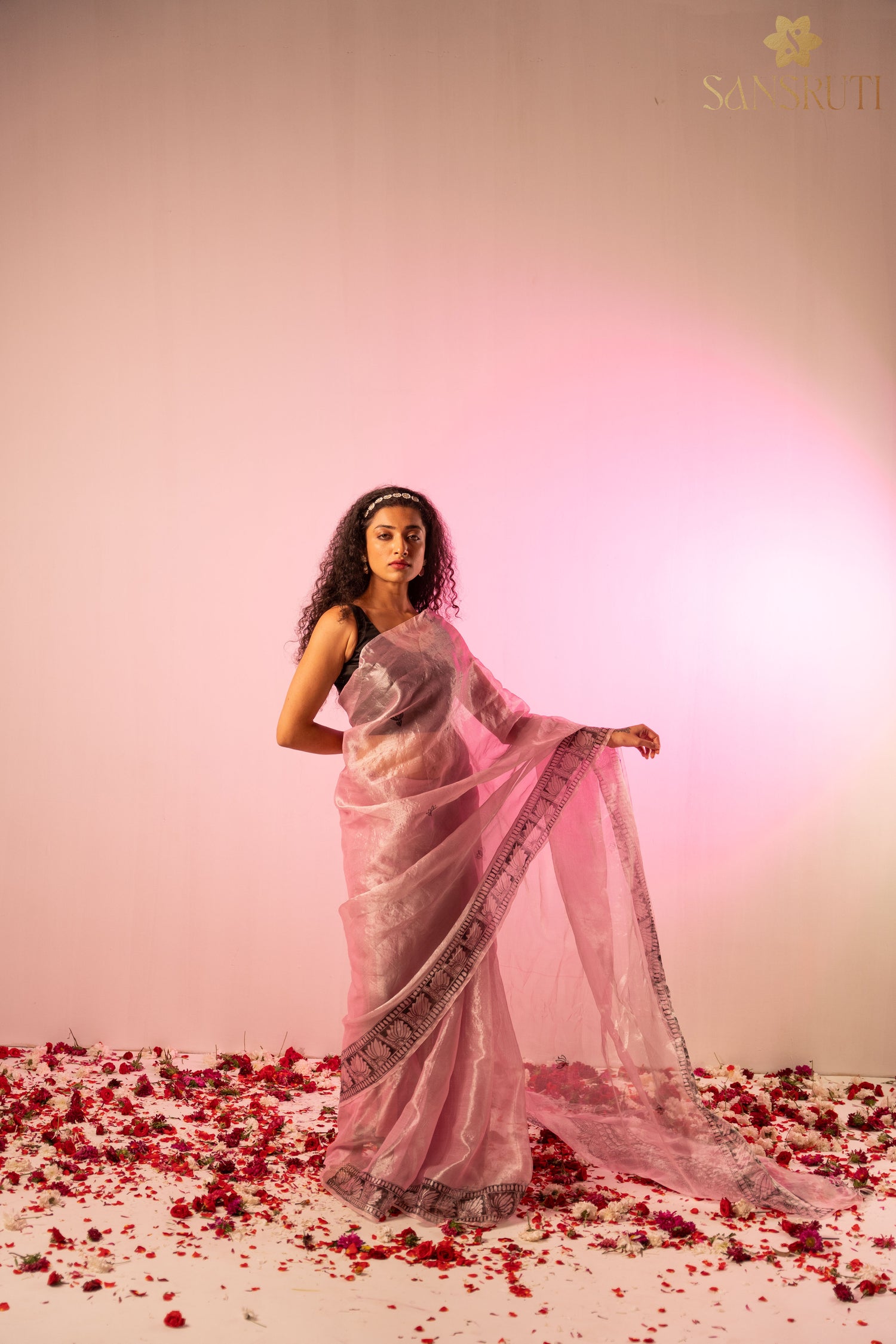 Light pink organza madhubani saree