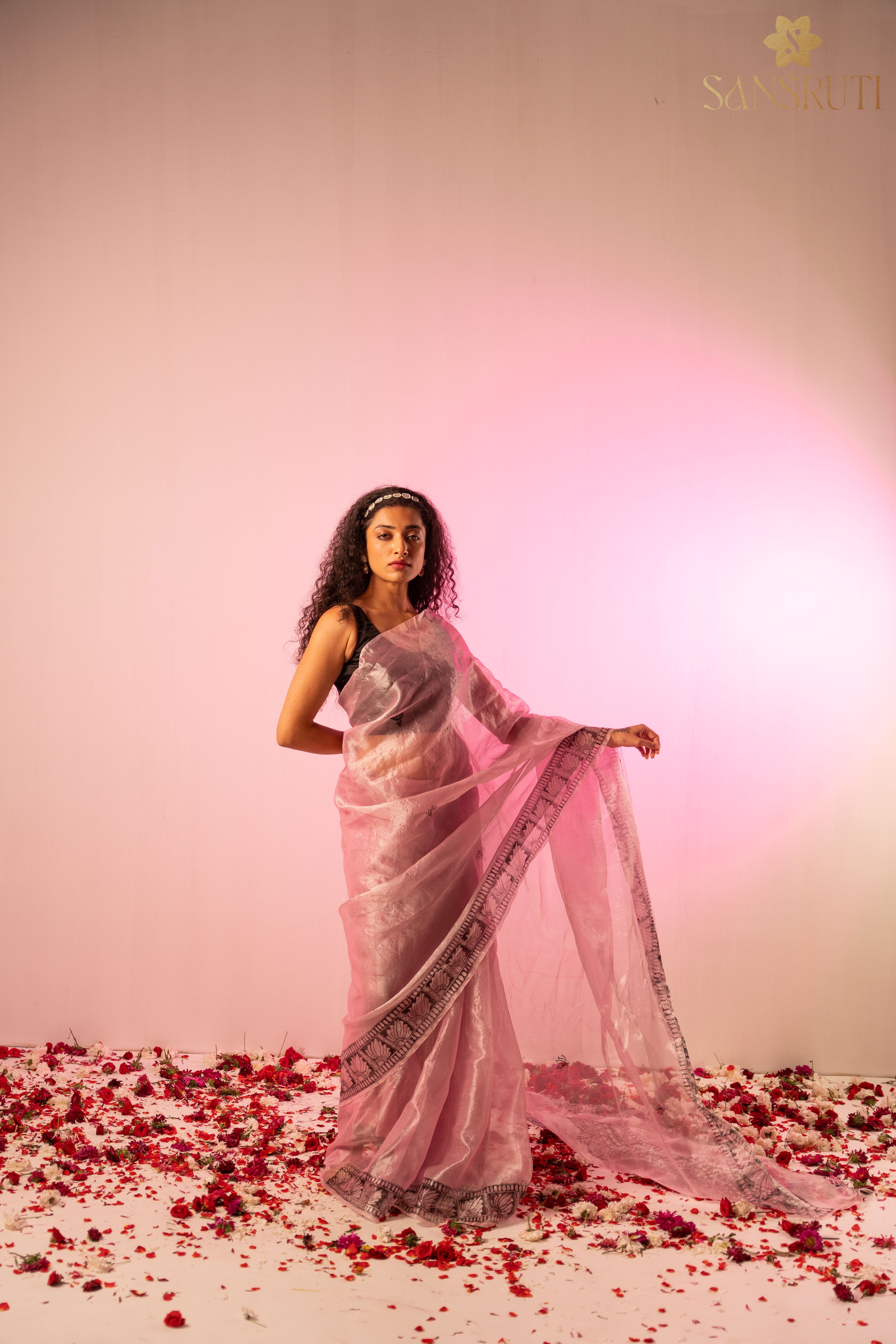 Light pink organza madhubani saree
