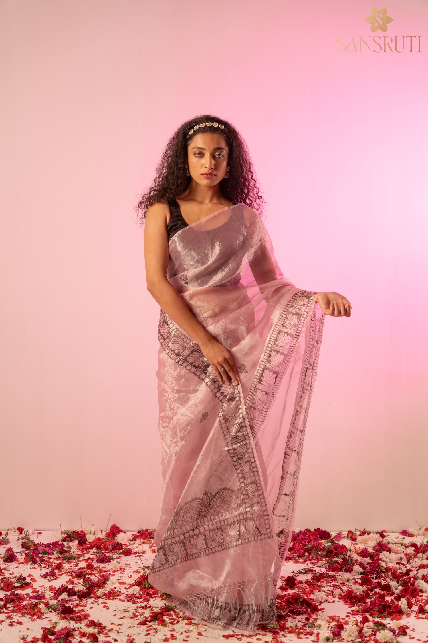 Light pink organza madhubani saree