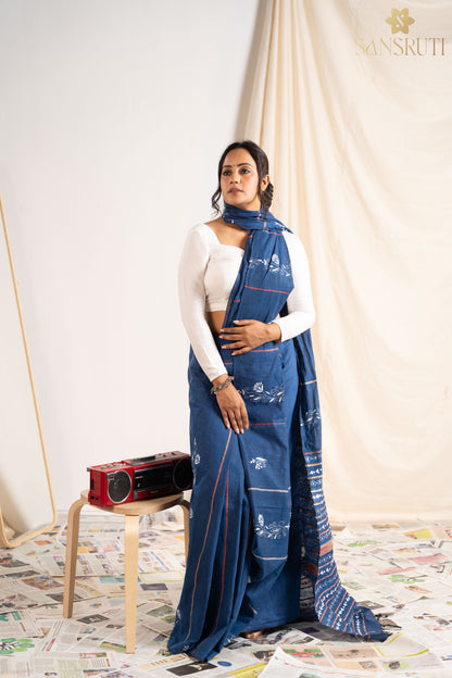 Ocean Breeze Blue &amp; White Kantha Saree