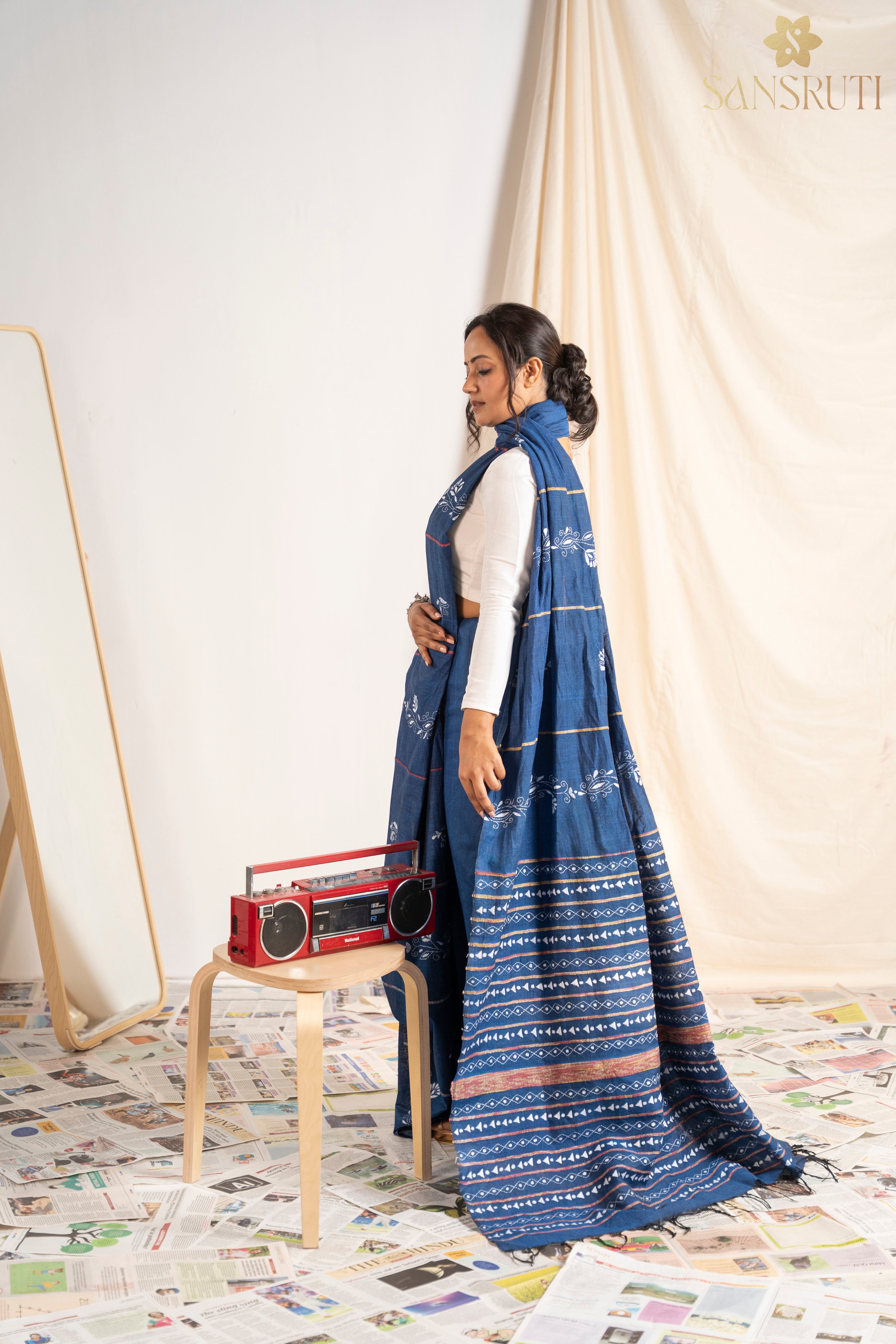 Ocean Breeze Blue &amp; White Kantha Saree