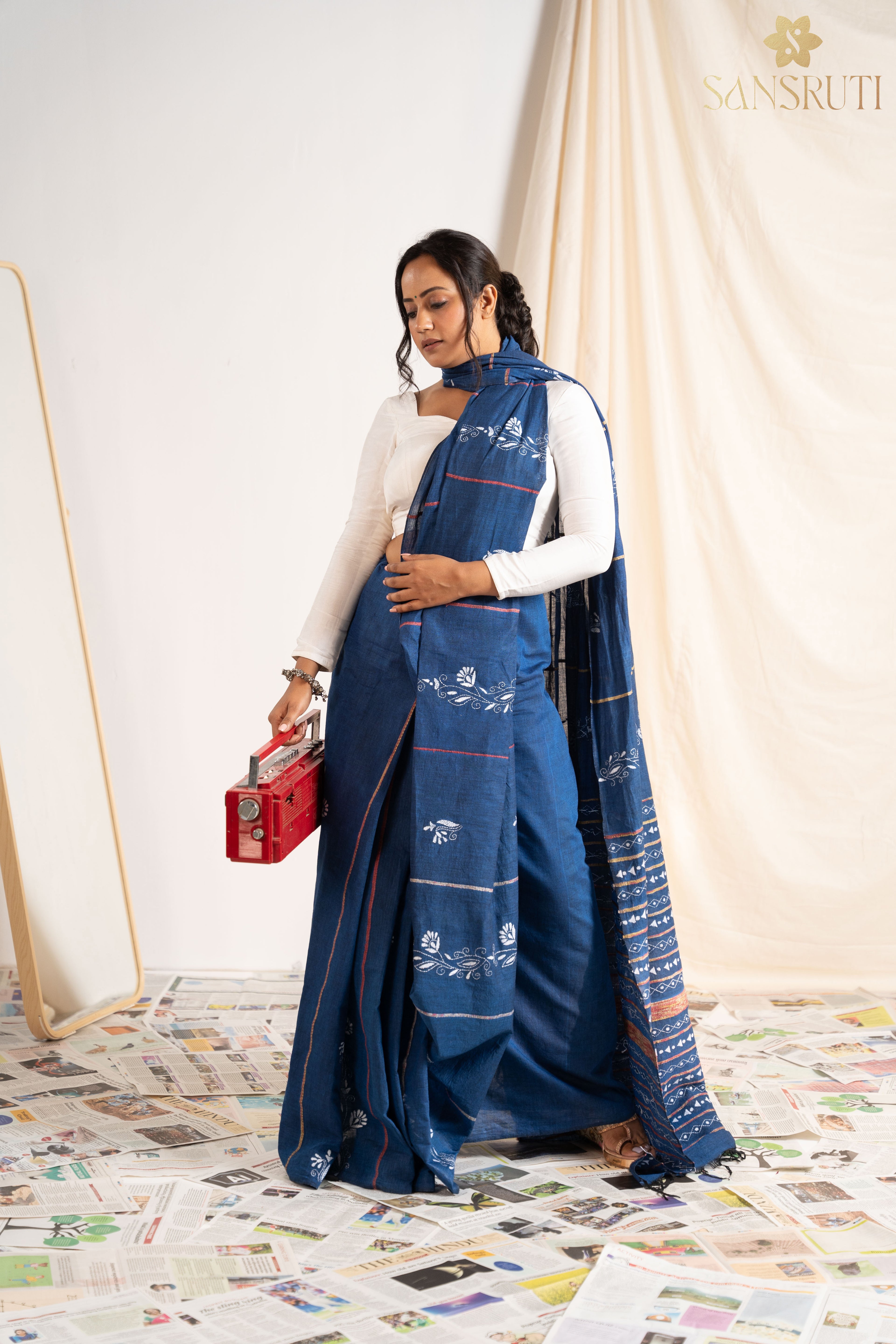 Ocean Breeze Blue &amp; White Kantha Saree