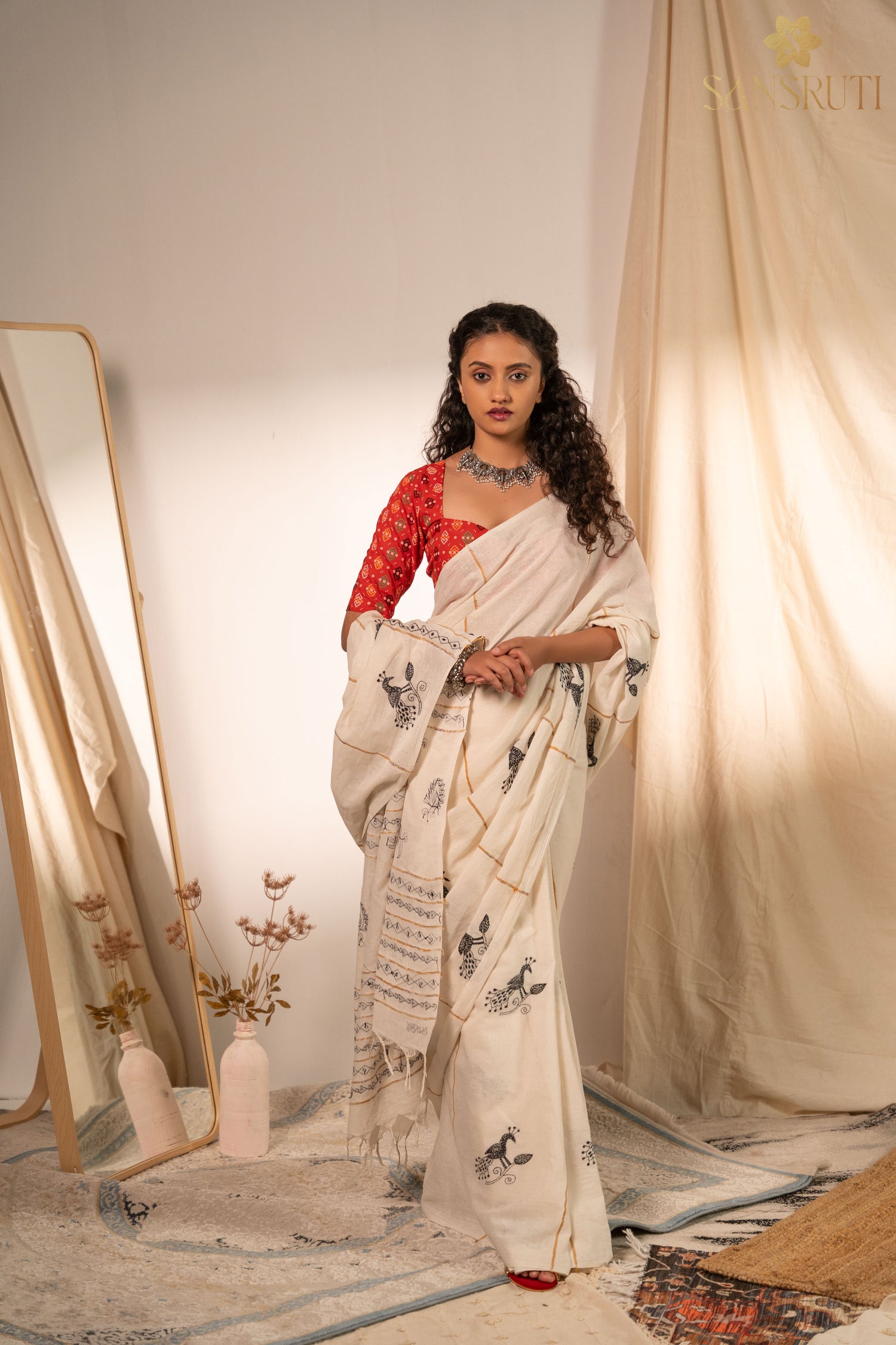 Peacock Grace Kantha White Saree