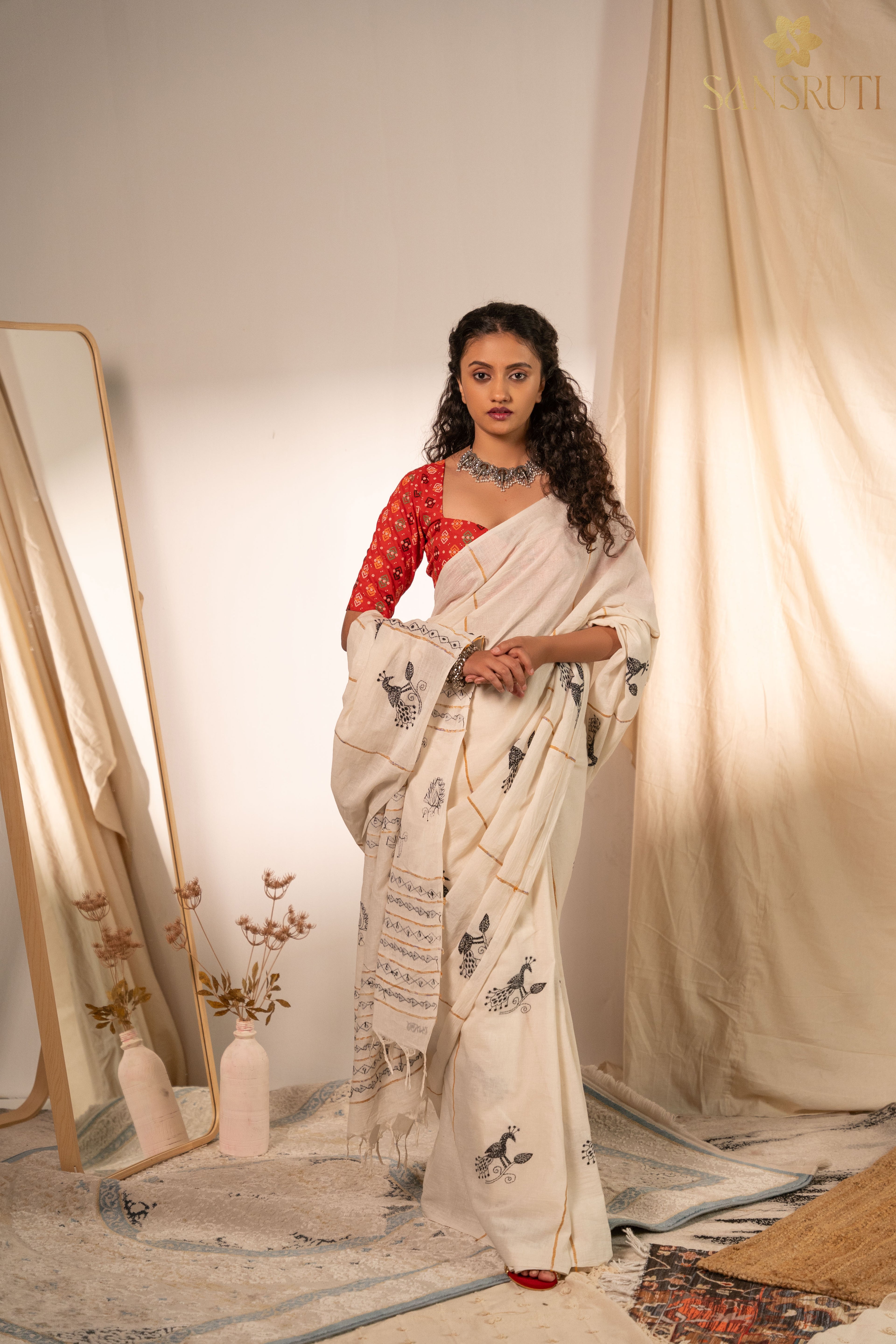 Peacock Grace Kantha White Saree