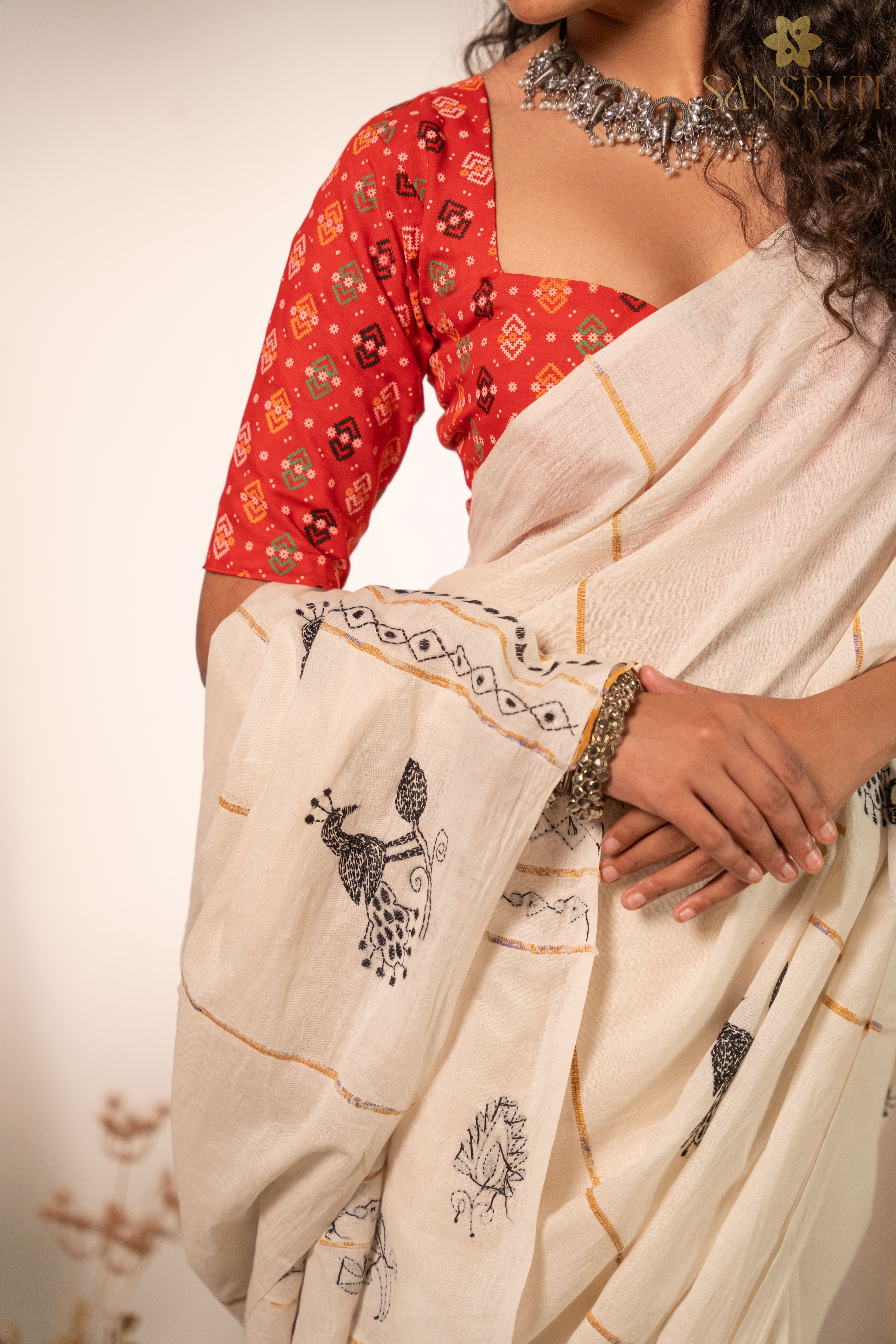 Peacock Grace Kantha White Saree