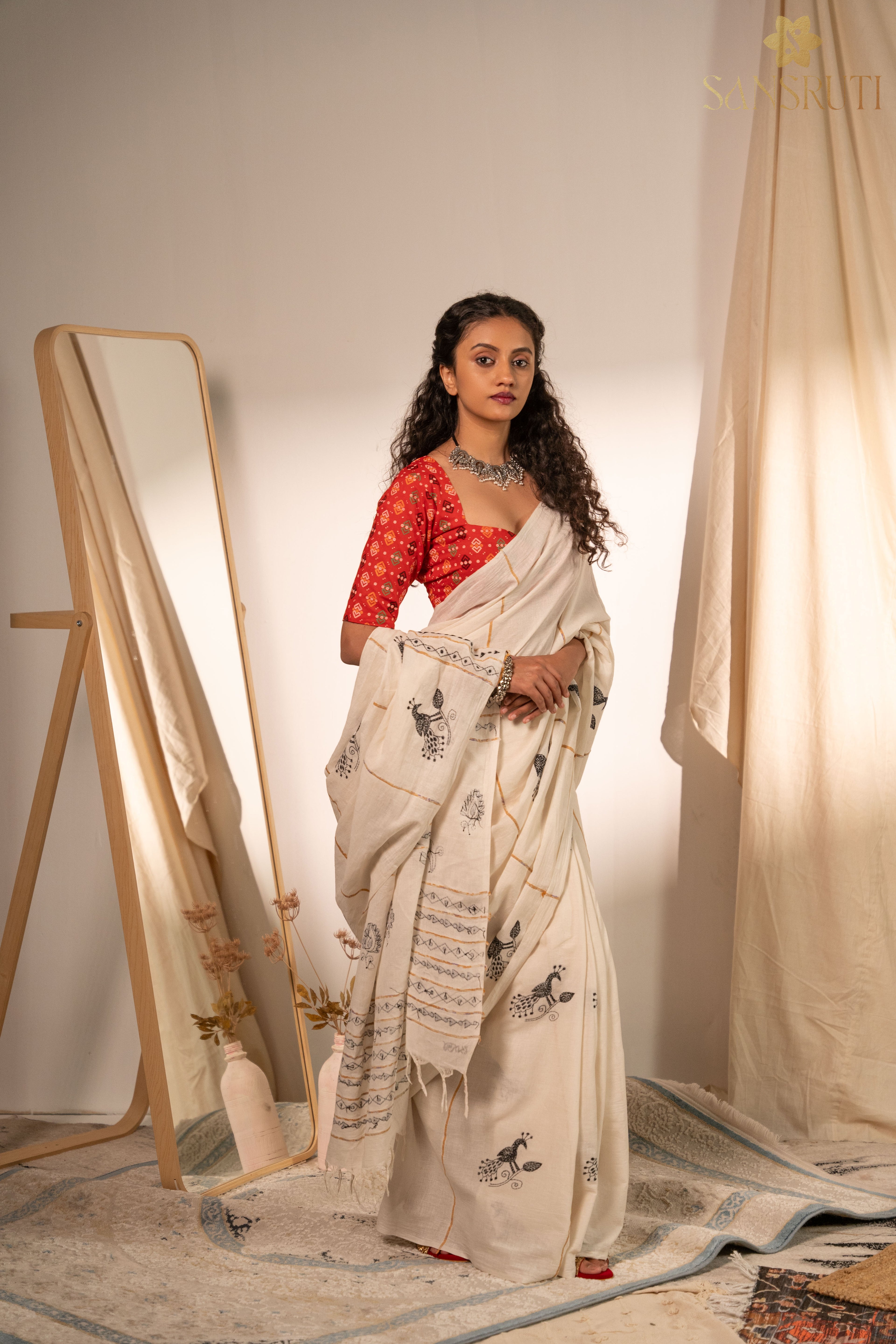 Peacock Grace Kantha White Saree