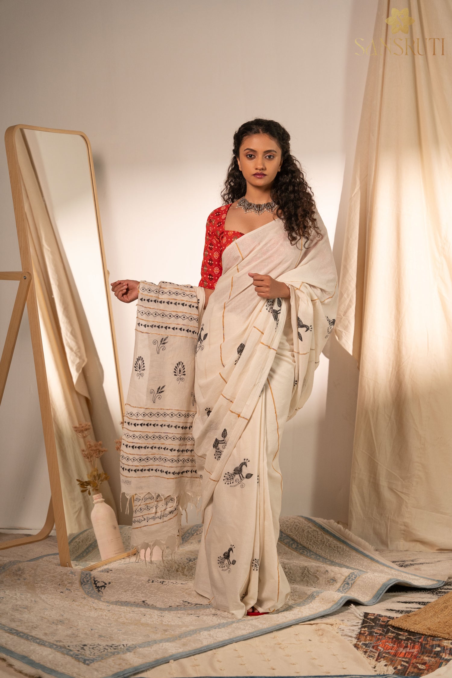 Peacock Grace Kantha White Saree