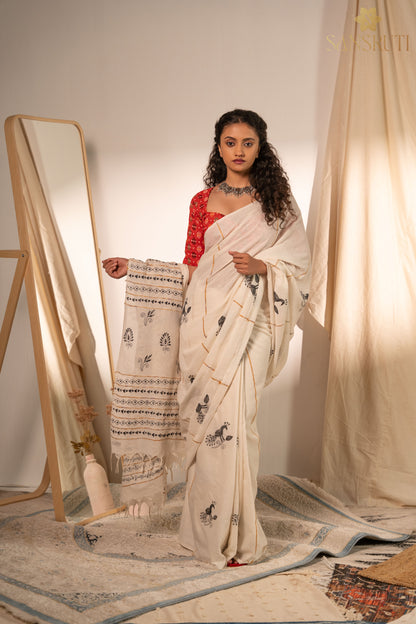 Peacock Grace Kantha White Saree