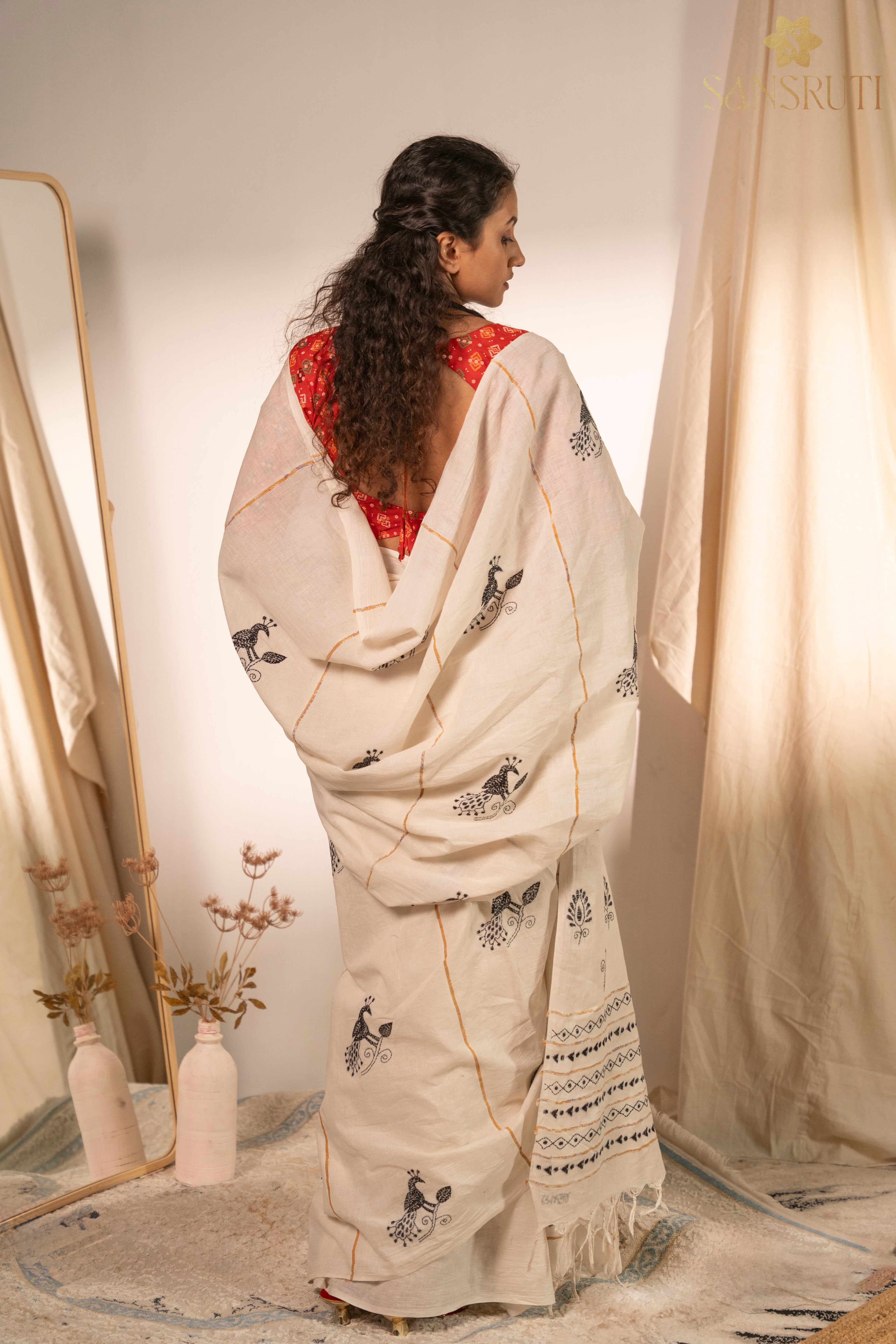 Peacock Grace Kantha White Saree