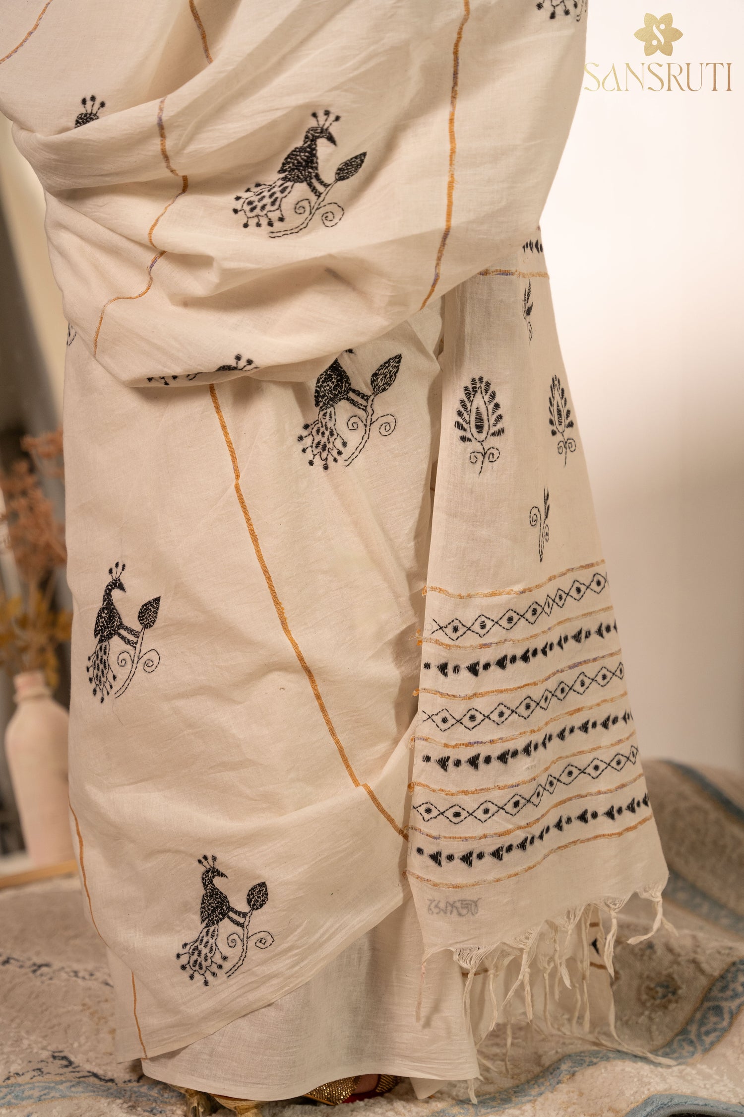 Peacock Grace Kantha White Saree